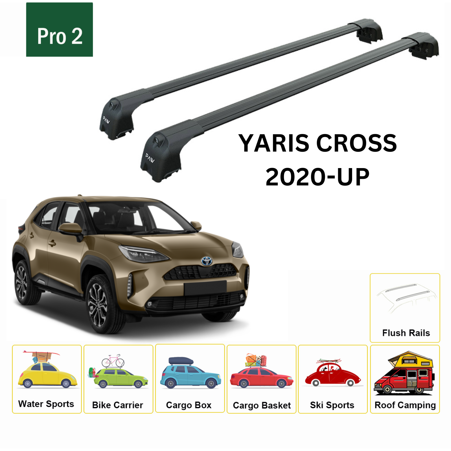 For Toyota Yaris Cross 2020-Up Roof Rack Cross Bars Flush Rail Alu Black - 0