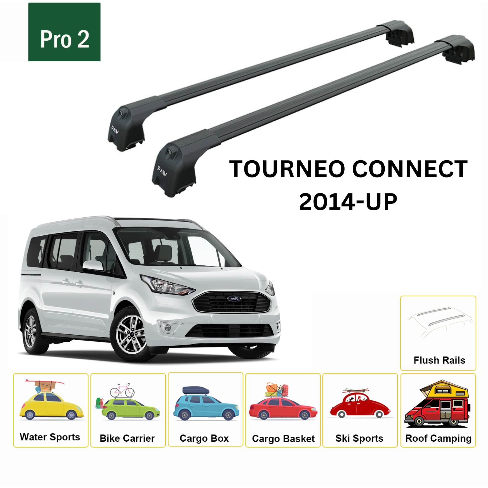 For Ford Tourneo Connect LWB 2014-Up Roof Rack Cross Bars Flush Rail Alu Black - 0