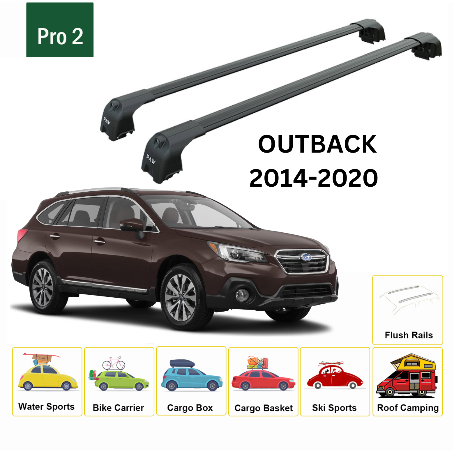 For Subaru Outback 2014-20 Roof Rack Cross Bars Metal Bracket Flush Rail Alu Black - 0