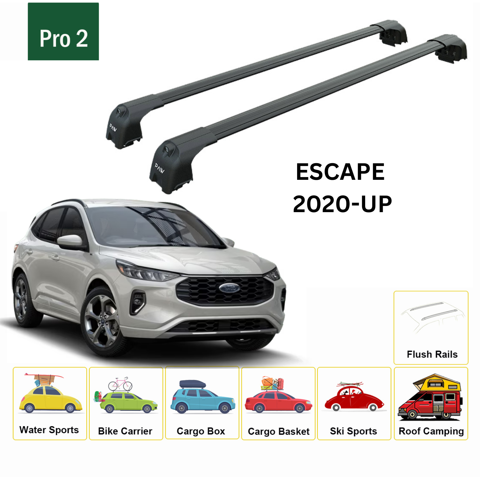 For Ford Escape (CX482) 2020-Up Roof Rack Cross Bars Flush Rail Alu Black - 0
