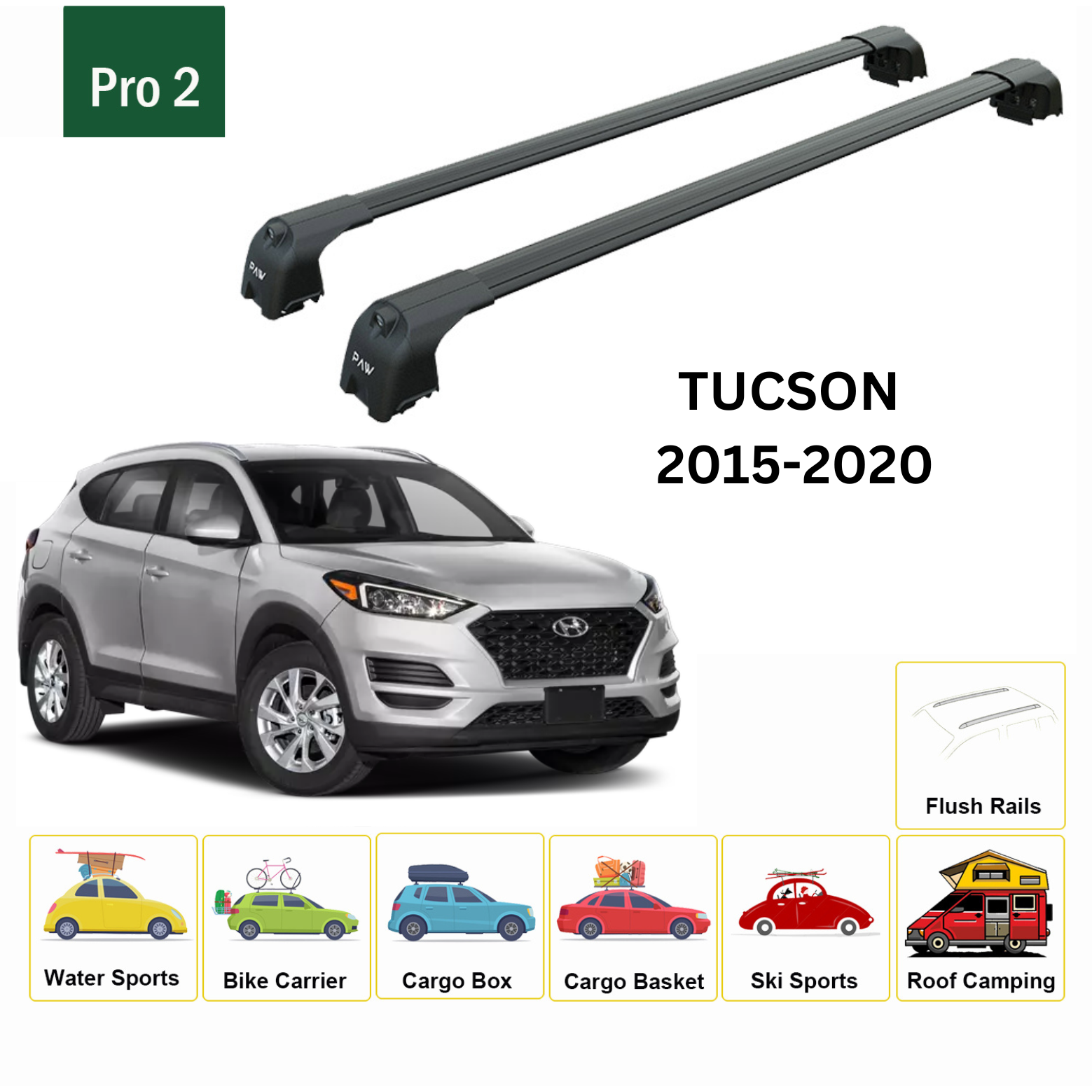 For Hyundai Tucson 2015-20 Roof Rack Cross Bars Metal Bracket Flush Rail Alu Black