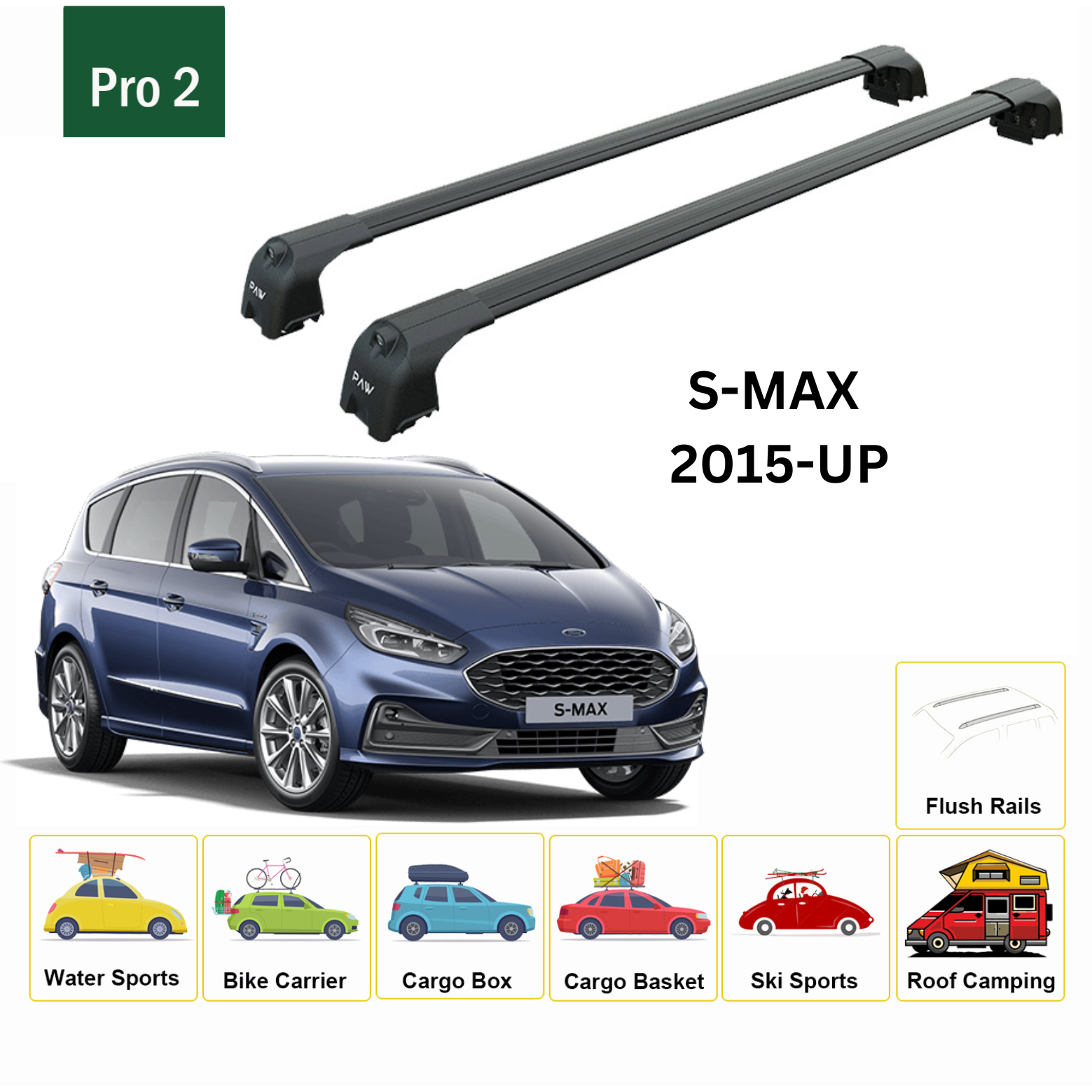 For Ford S-Max (CD539) 2015-Up Roof Rack Cross Bars Flush Rail Alu Black - 0