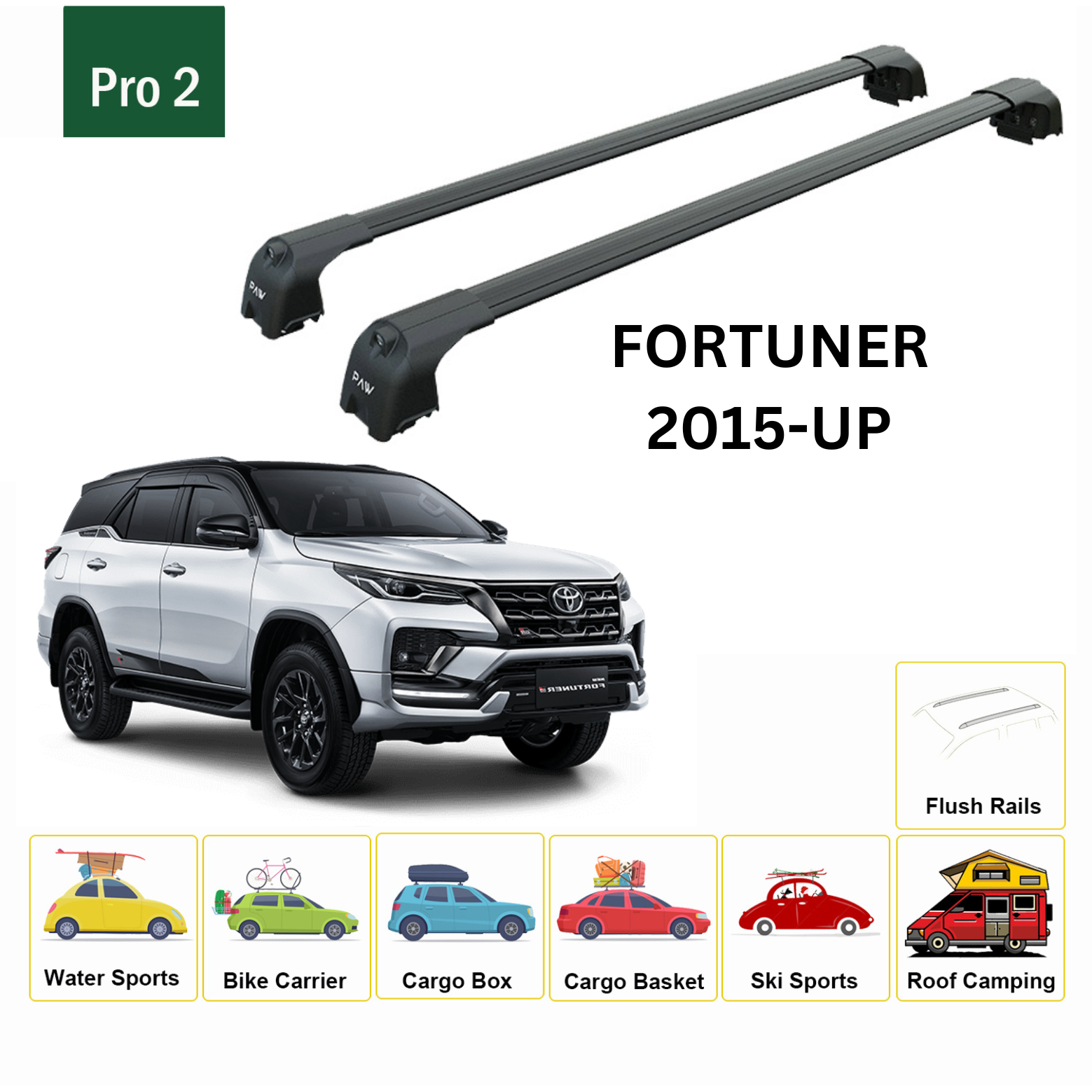 For Toyota Fortuner 2015-Up Roof Rack Cross Bars Flush Rail Alu Black