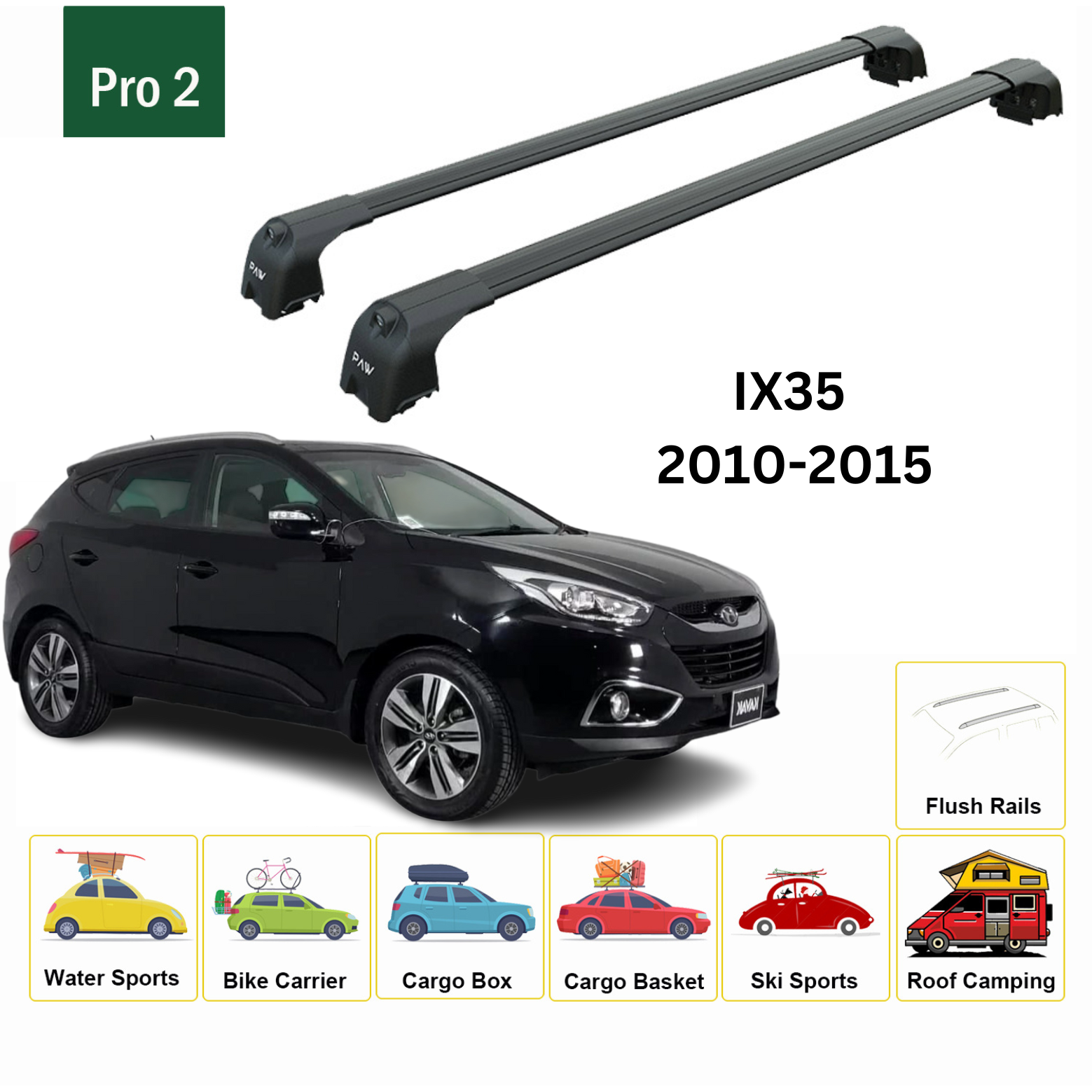 For Hyundai iX35 2010-2015 Roof Rack Cross Bars Metal Bracket Flush Rail Alu Black