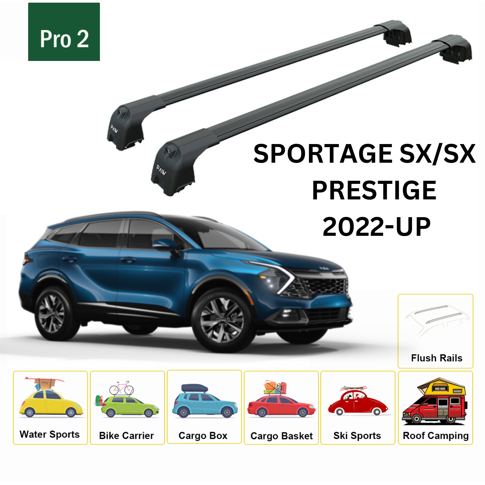 For Kia Sportage SX/SX Prestige 2022-Up Roof Rack Cross Bars Flush Rail Alu Black