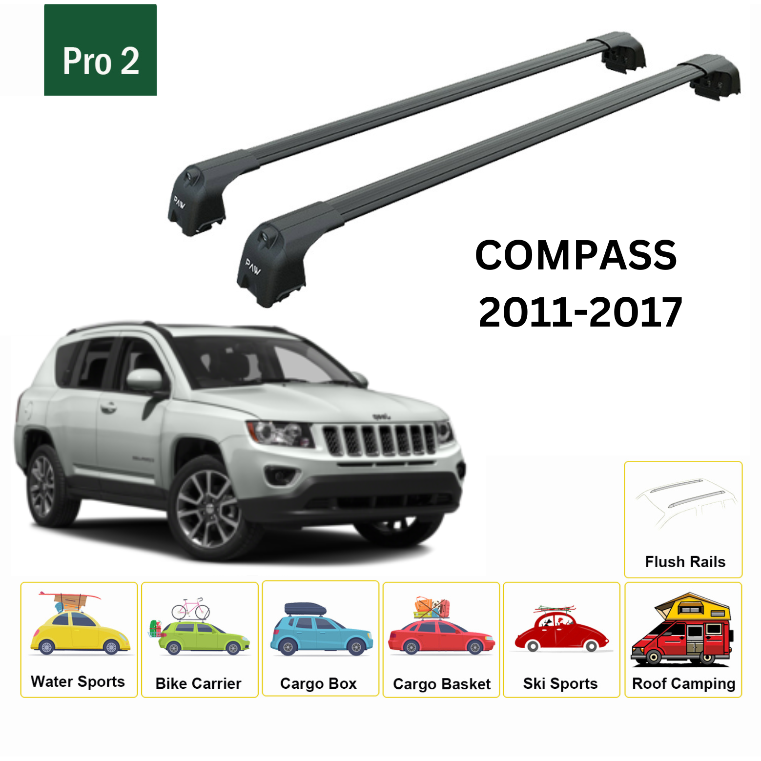 For Jeep Compass 2011-17 Roof Rack Cross Bars Flush Rail Alu Black - 0