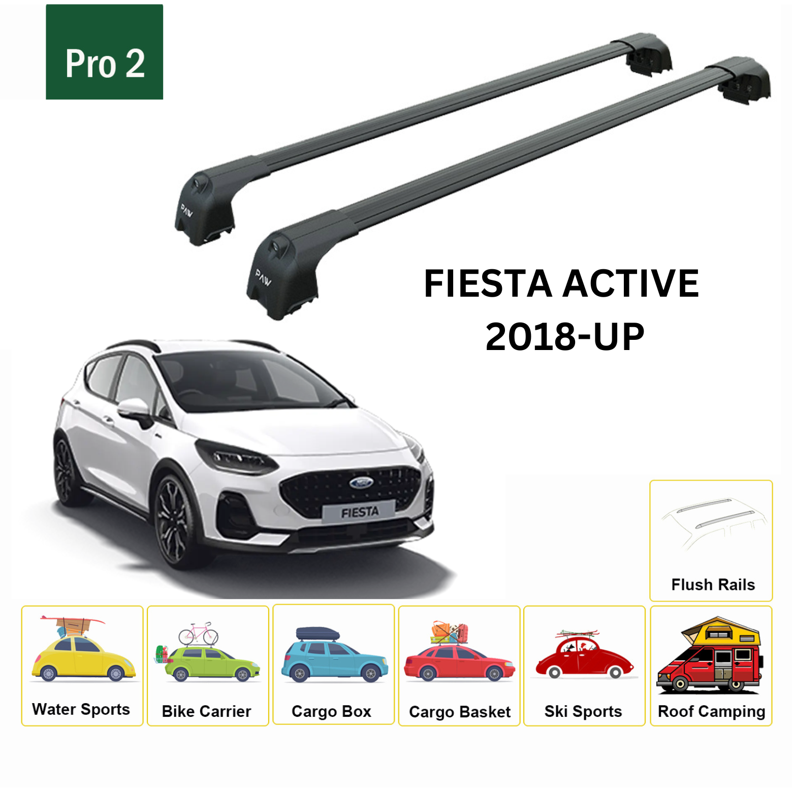 For Ford Fiesta Active 2018-Up Roof Rack Cross Bars Metal Bracket Flush Rail Alu Black