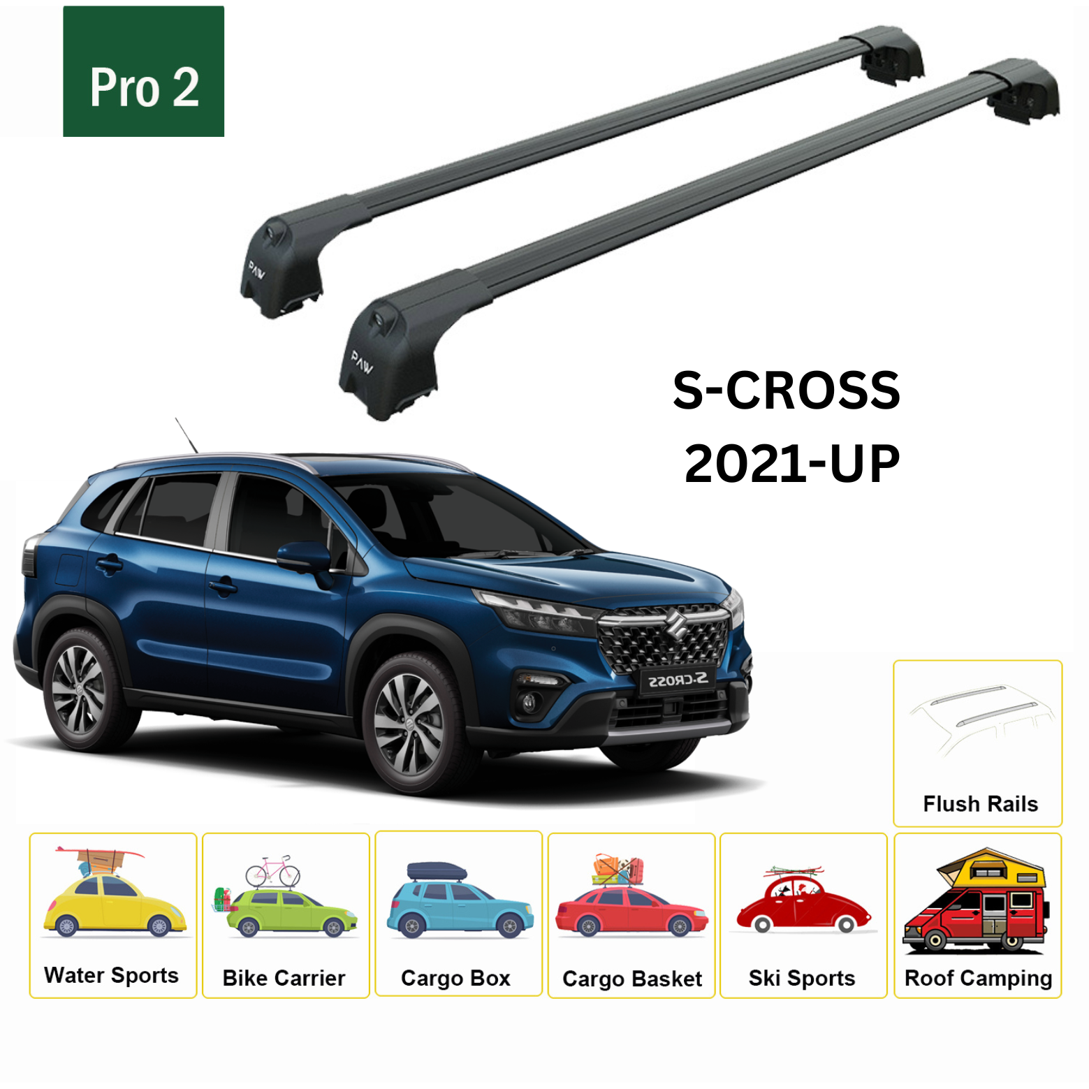 For Suzuki S Cross 2021-Up Roof Rack Cross Bars Metal Bracket Flush Rail Alu Black - 0