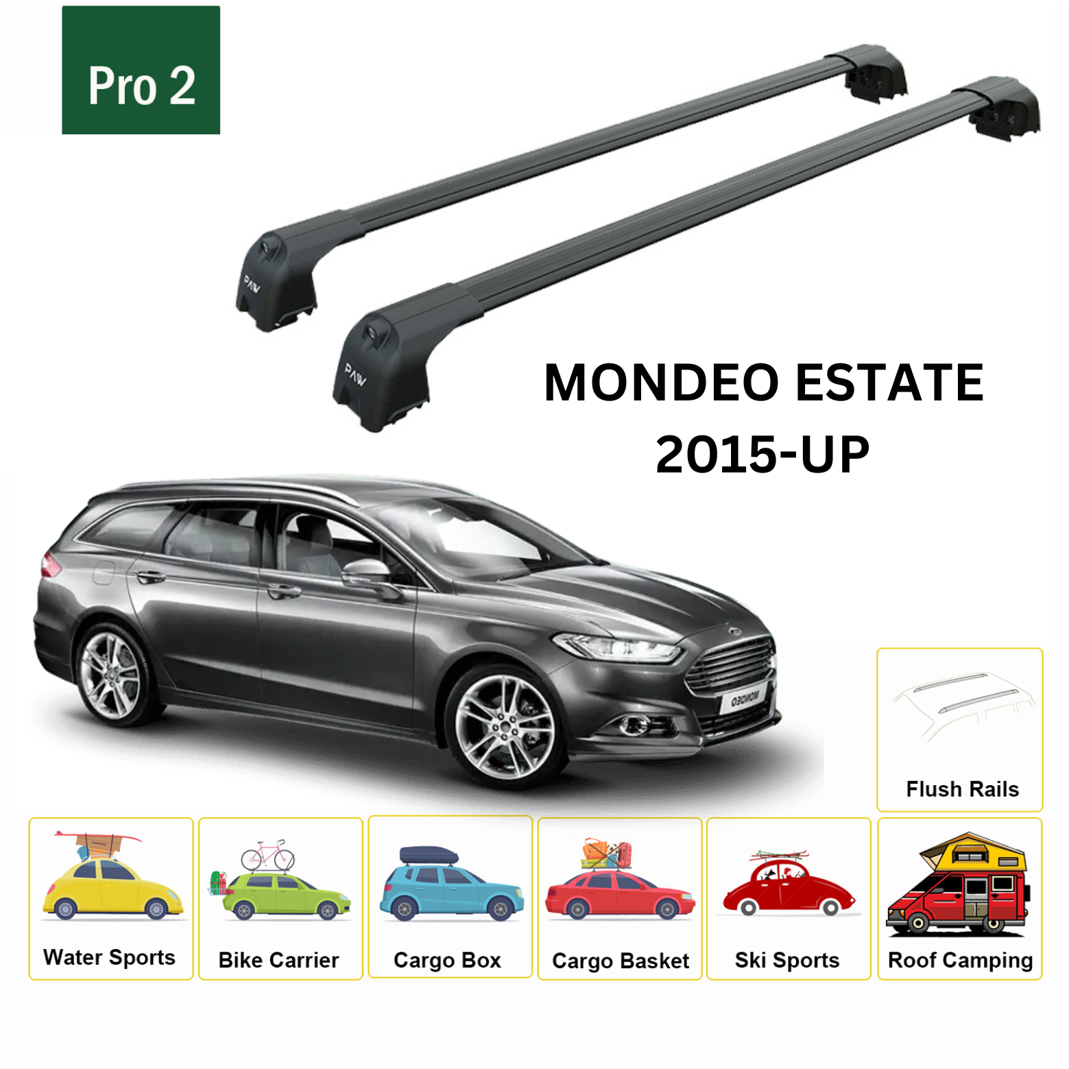 For Ford Mondeo Estate 2015-Up Roof Rack Cross Bars Metal Bracket Flush Rail Alu Black-2