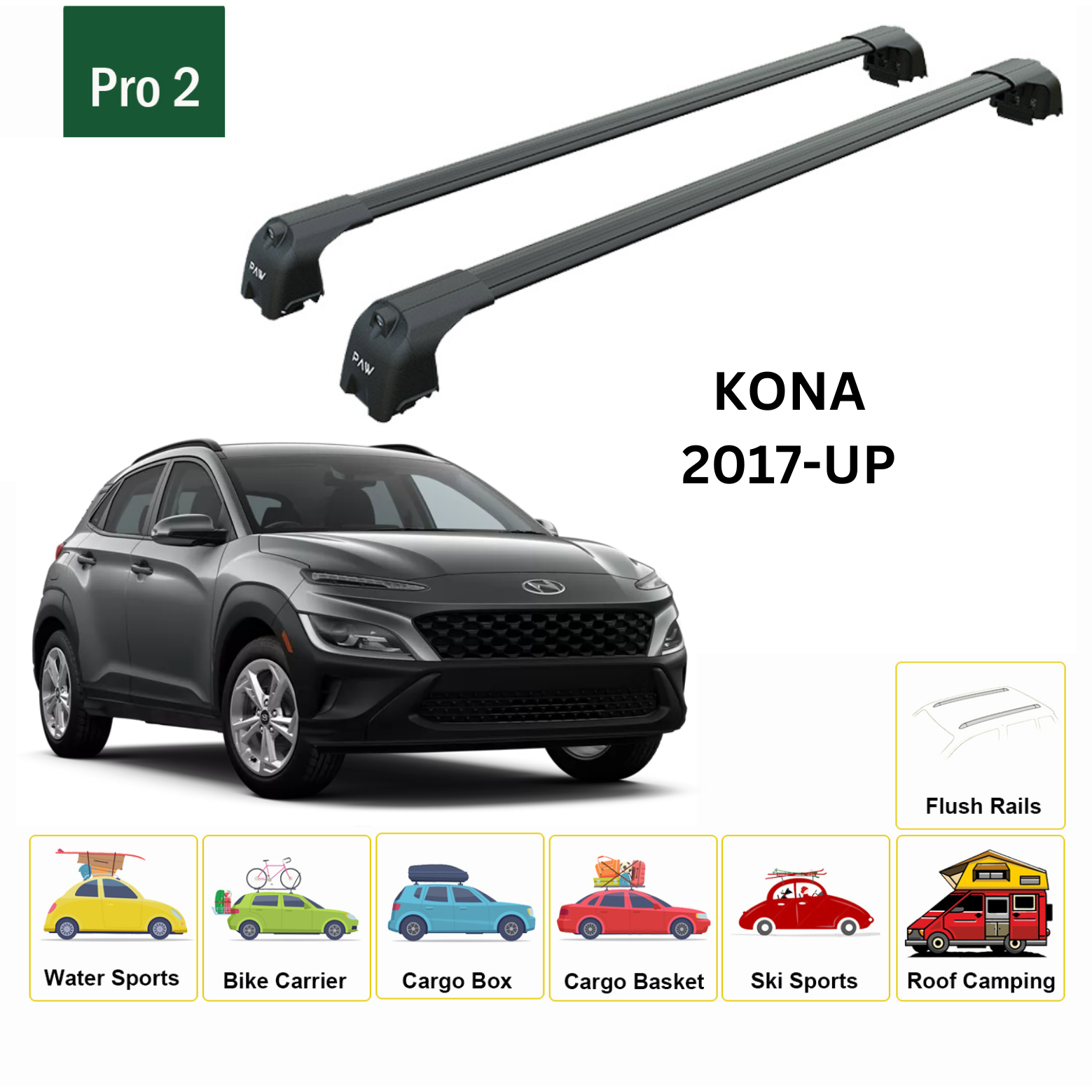 For Hyundai Kona 2017-22 Roof Rack Cross Bars Flush Rail Alu Black - 0