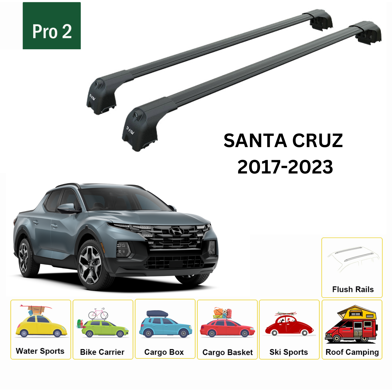 For Hyundai Santa Cruz 2022-Up Roof Rack Cross Bars Flush Rail Alu Black
