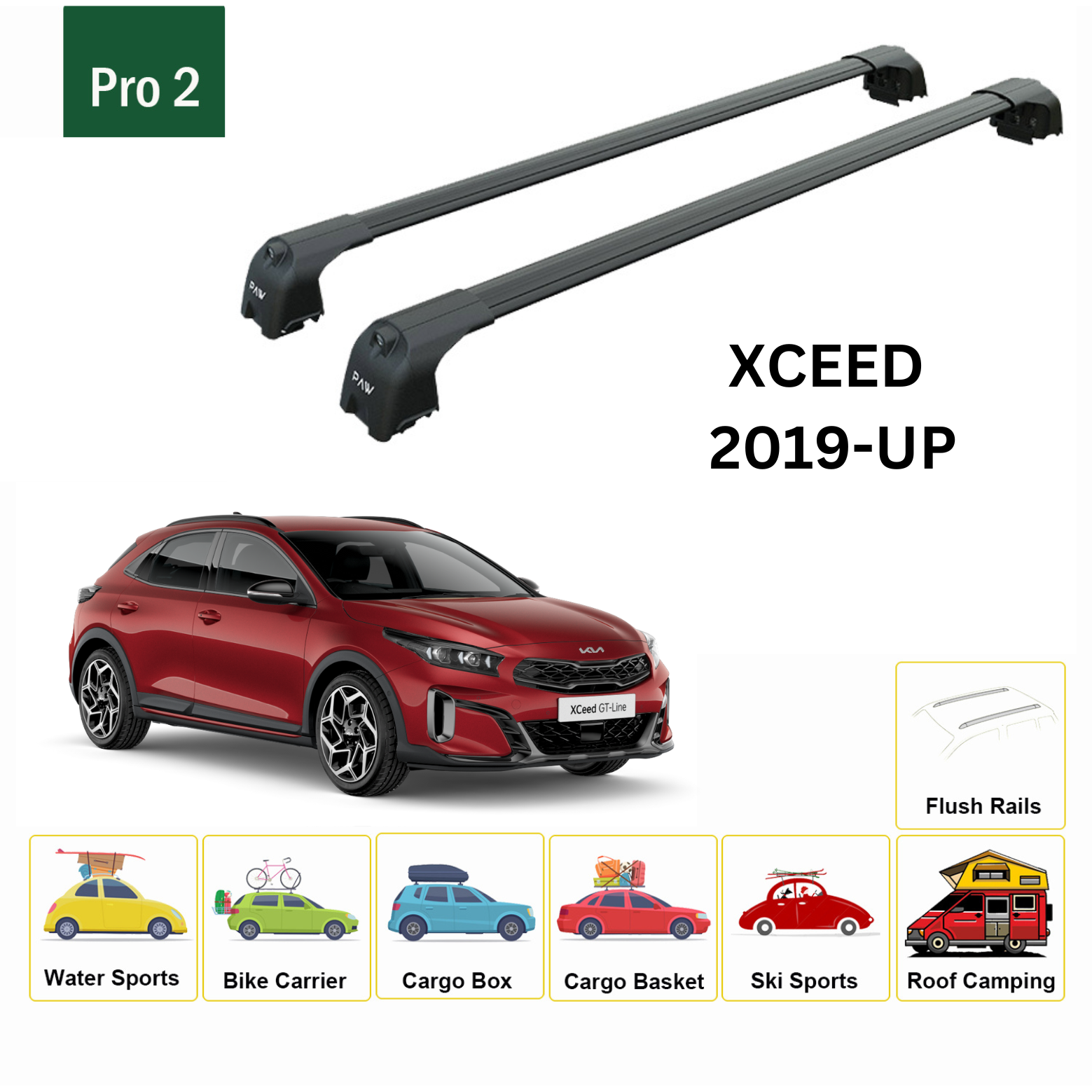 For Kia XCeed 2019-Up Roof Rack Cross Bars Metal Bracket Flush Rail Alu Black-2