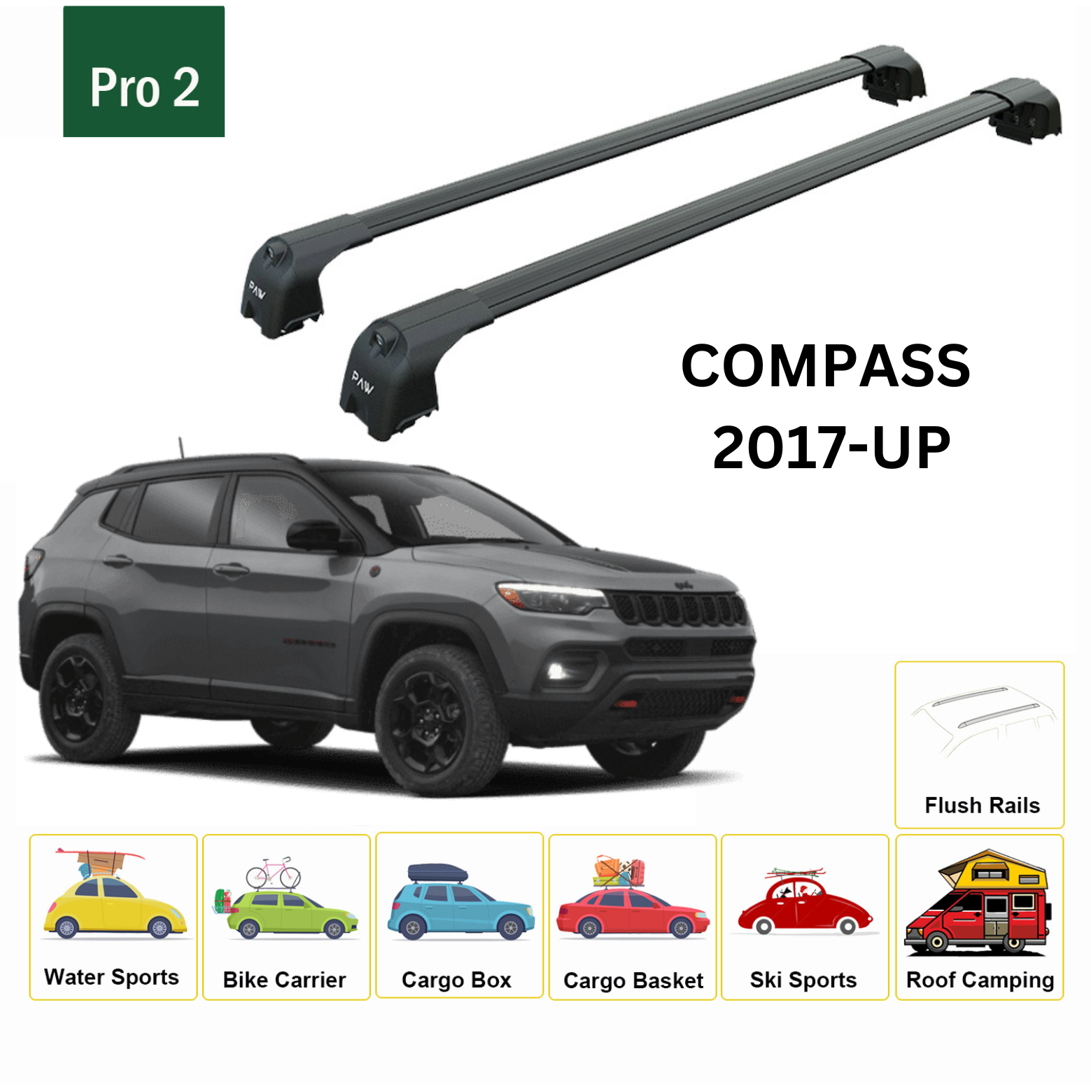 For Jeep Compass 2017-Up Roof Rack Cross Bars Metal Bracket Flush Rail Alu Black