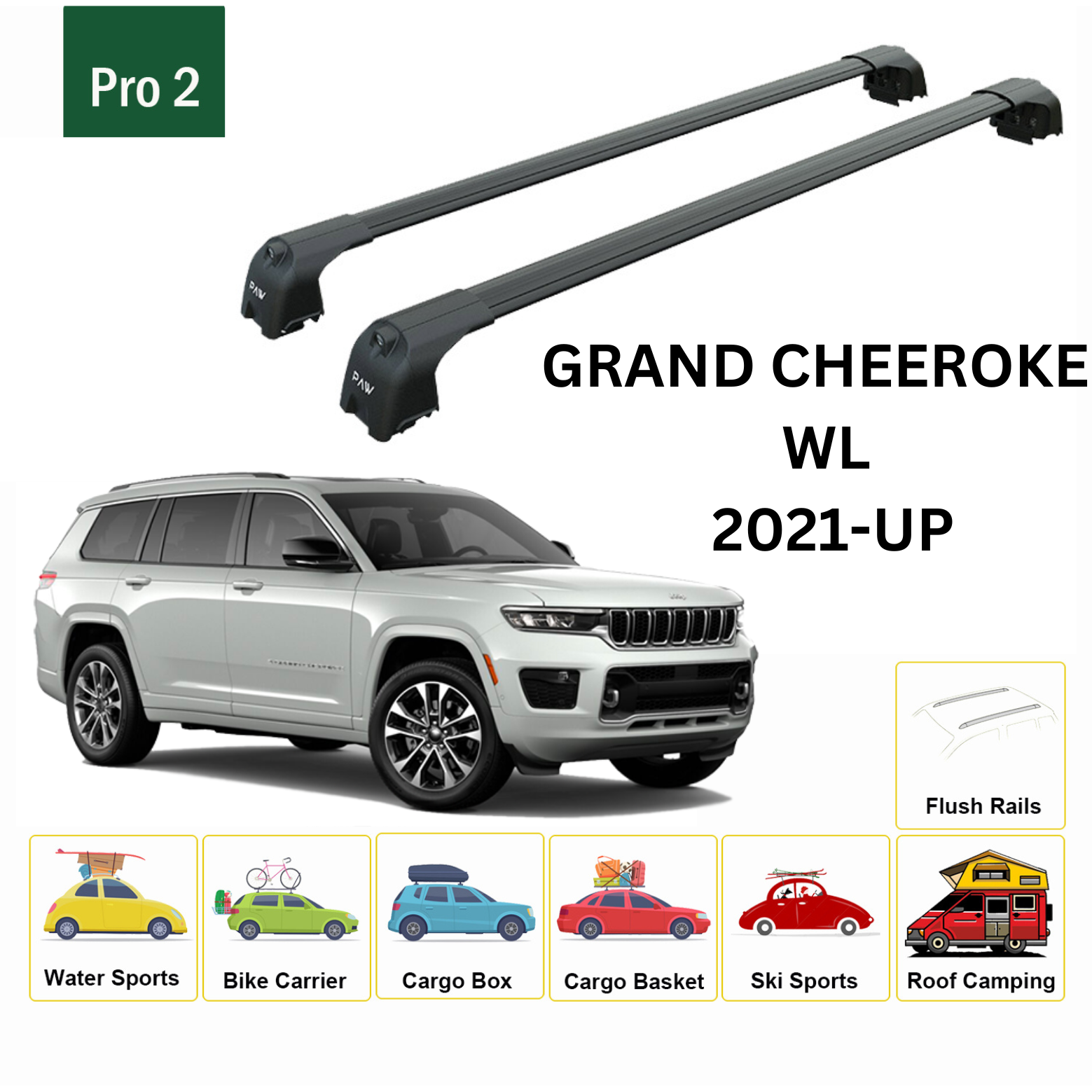 For Jeep Grand Cherokee WL 2021-Up Roof Rack Cross Bars Flush Rail Alu Black - 0