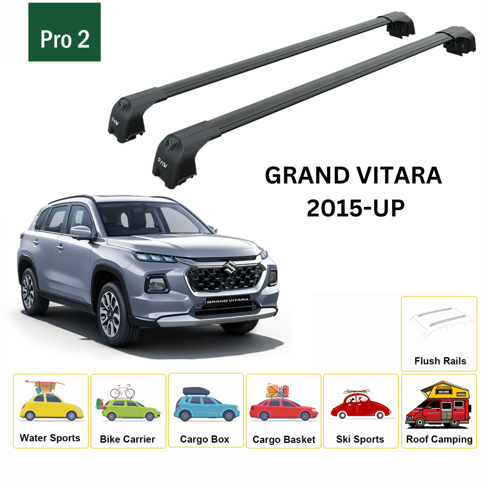 For Suzuki Grand Vitara Roof Rack Cross Bars Metal Bracket Flush Rail Black 2015-Up - 0