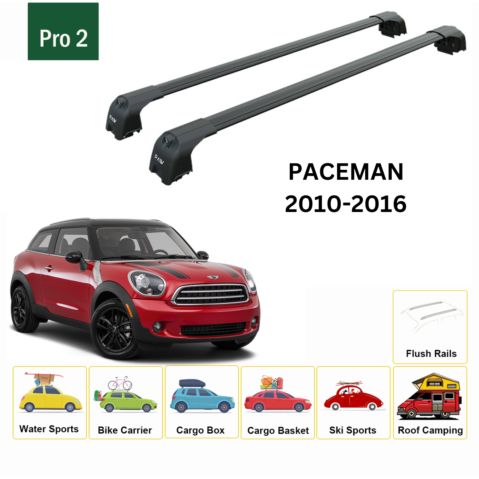 For Mini Paceman 2010-16 Roof Rack Cross Bars Metal Bracket Flush Rail Alu Black - 0