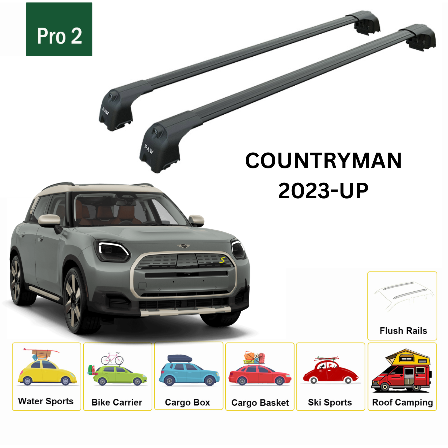 For Mini Countryman Roof Rack Cross Bars Metal Bracket Flush Rail Alu Black 2023-Up