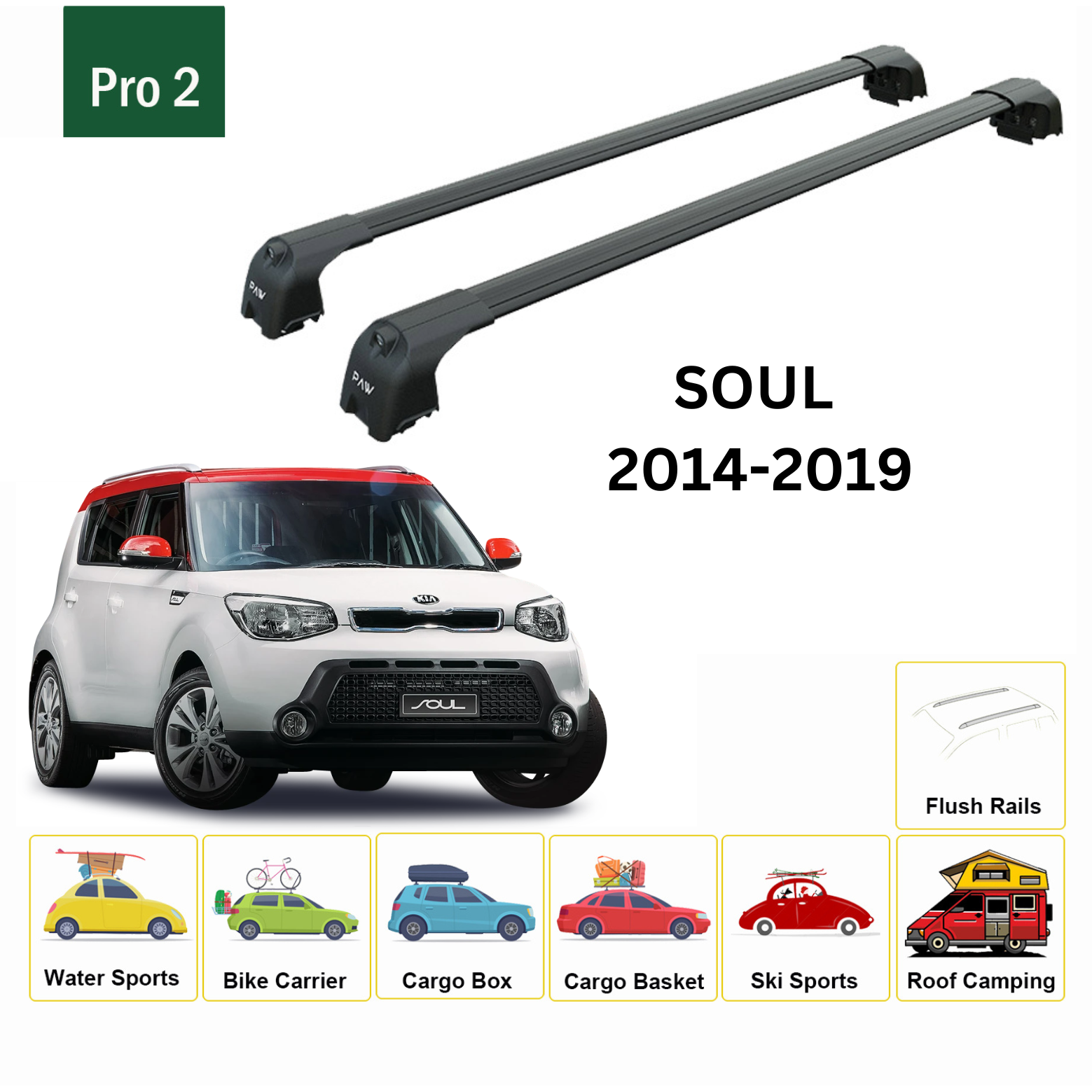 Für Kia Soul 2014–2019 Dachträgersystem, Aluminium-Querstange, Metallhalterung, abschließbar, schwarz