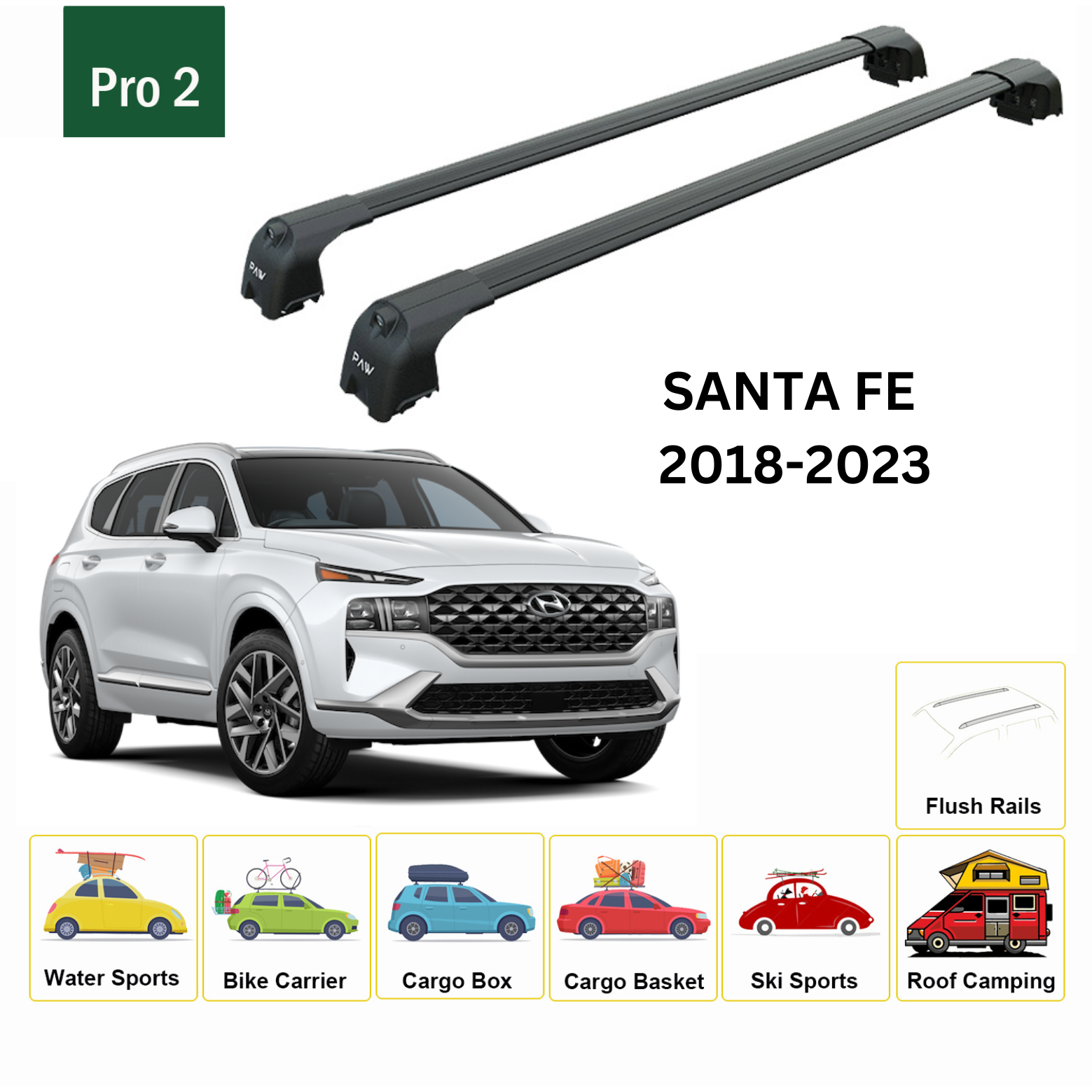 For Hyundai Santa Fe 2018-Up Roof Rack Cross Bars Flush Rail Alu Black - 0