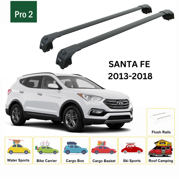 For Hyundai Santa Fe (DM) 2013-2018 Roof Rack Cross Bars Flush Rail Alu Black