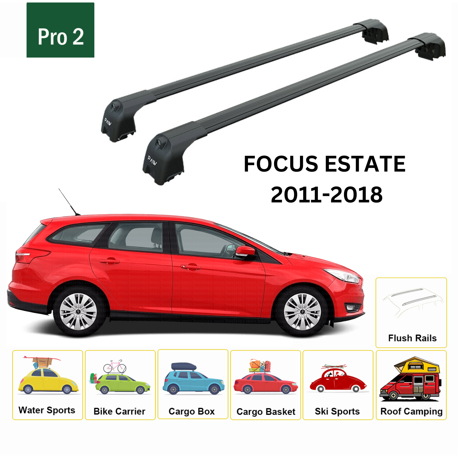 For Ford Focus Estate 2011-18 Roof Rack Cross Bars Metal Bracket Flush Rail Alu Black-2