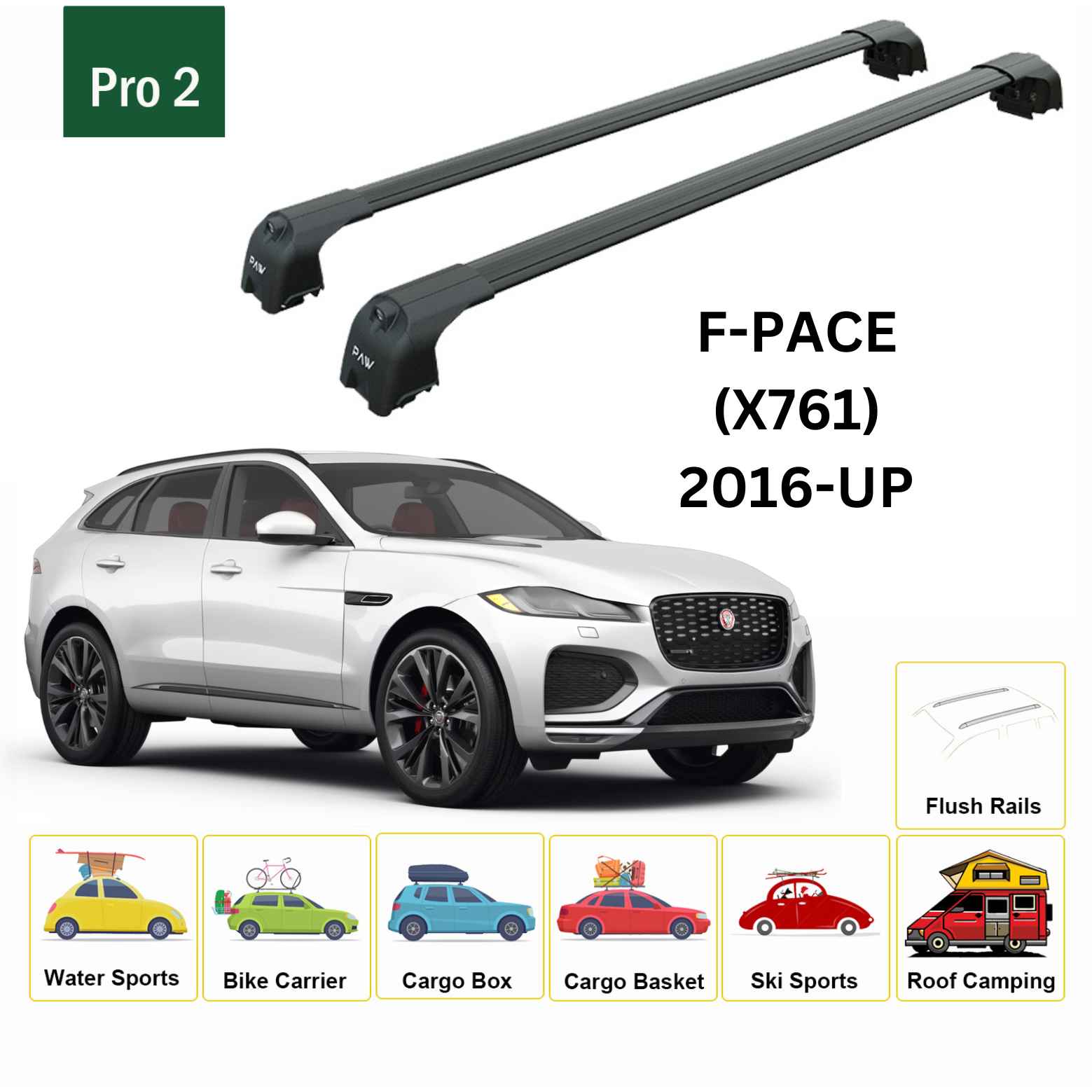 For Jaguar F-Pace (X761) 2016-Up Roof Rack Cross Bars Flush Rail Alu Black