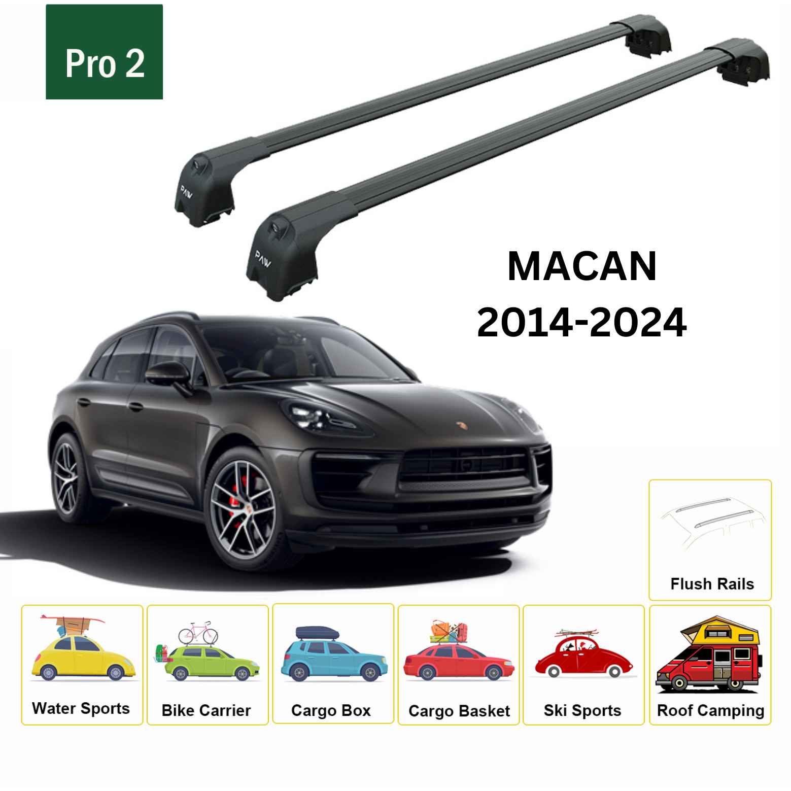 For Porsche Macan 2014-Up Roof Rack Cross Bars Flush Rail Alu Black - 0