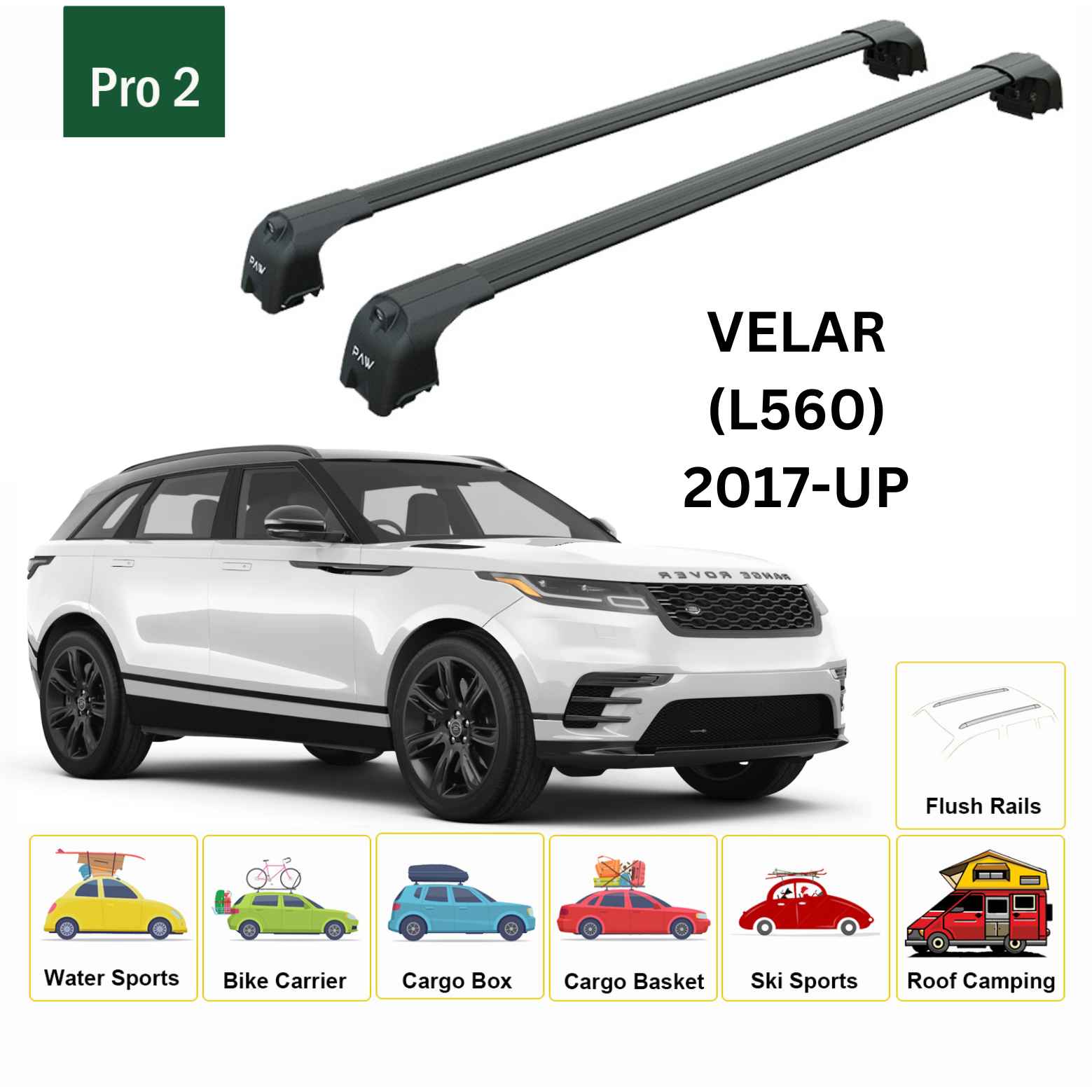 For Land Rover Range Rover Velar (L560) 2017-Up Roof Rack Cross Bars Flush Rail Alu Black