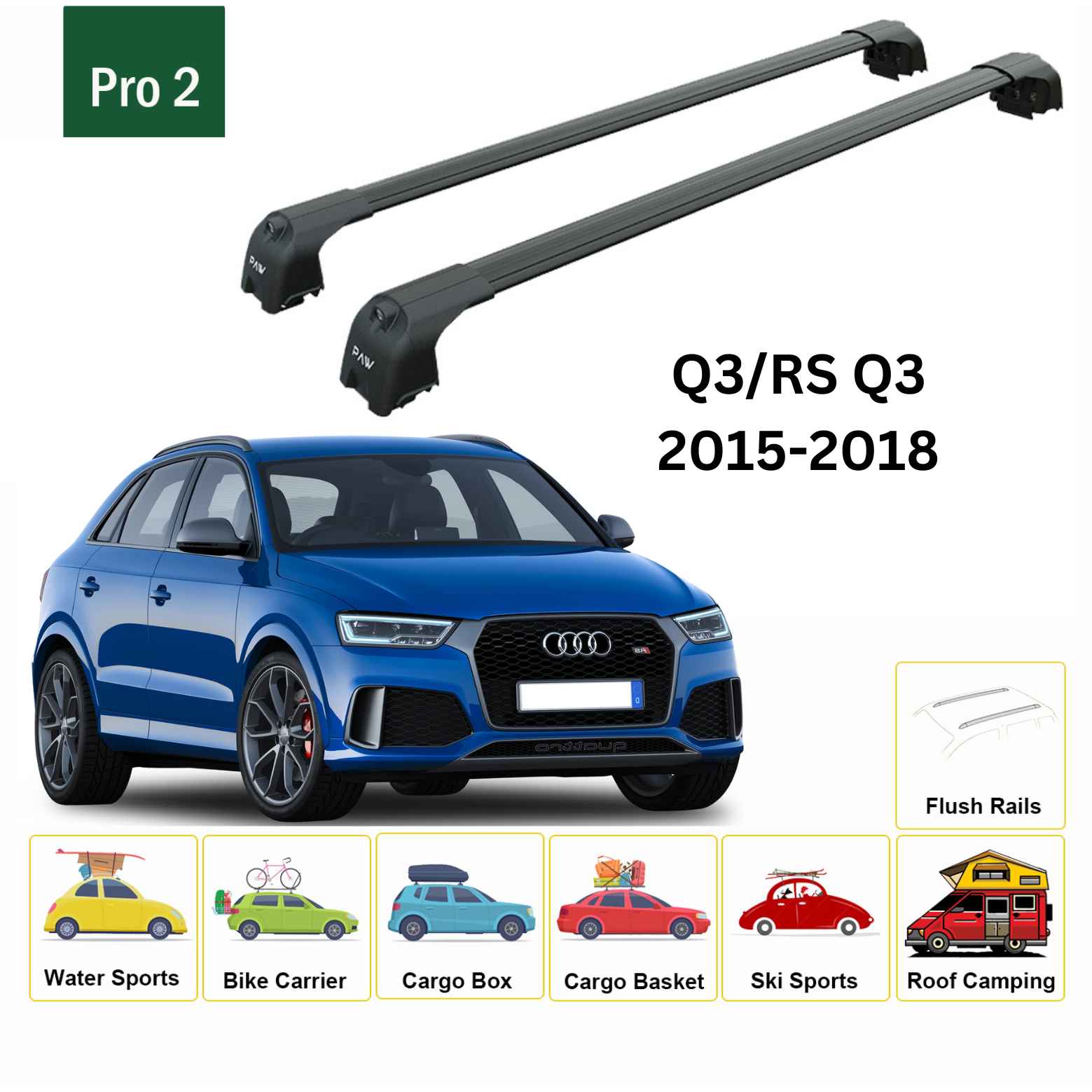 For Audi Q3/RS Q3 (8U) 2015-18 Roof Rack Cross Bars Flush Rails Alu Black