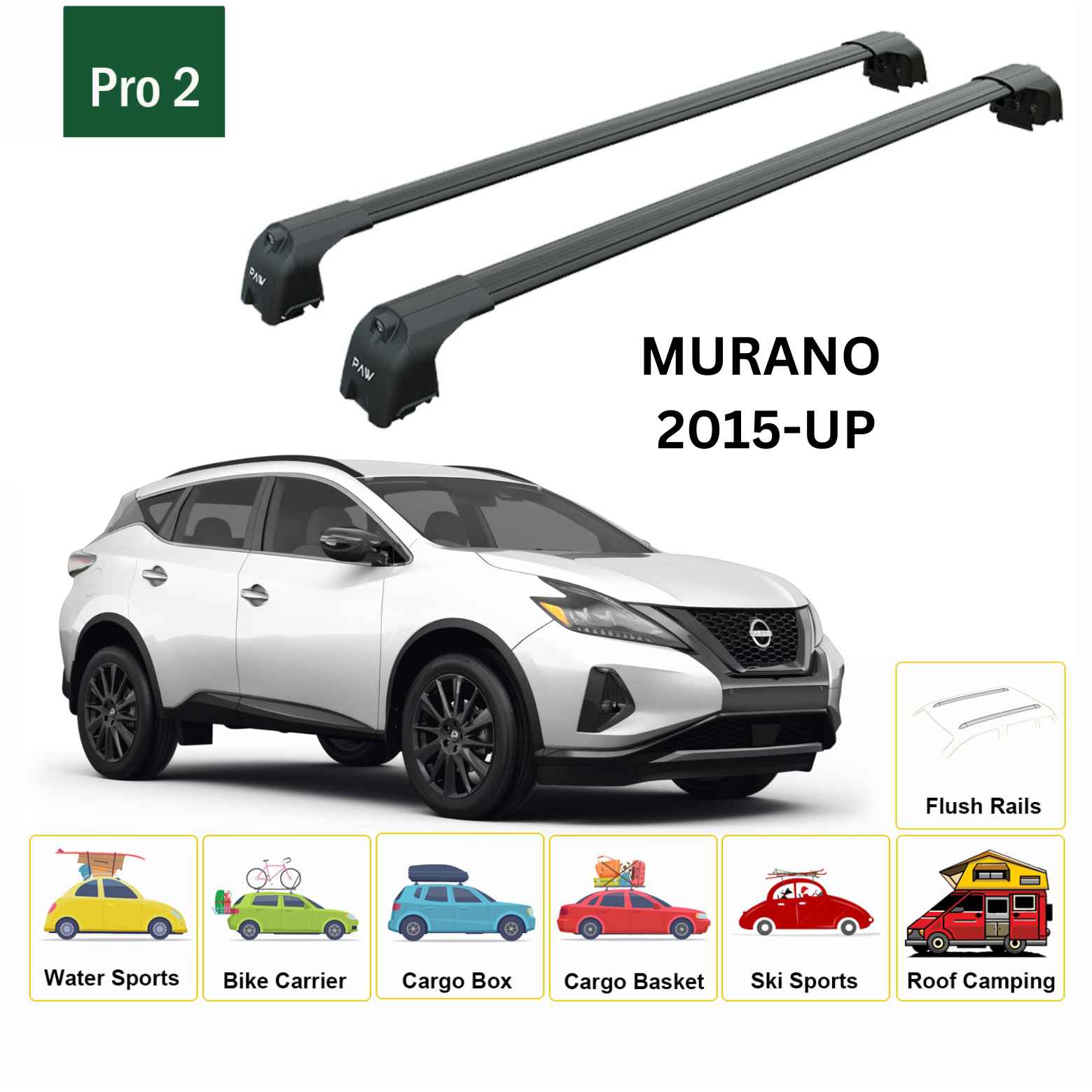 For Nissan Murano 2015-Up Roof Rack Cross Bars Metal Bracket Flush Rail Alu Black