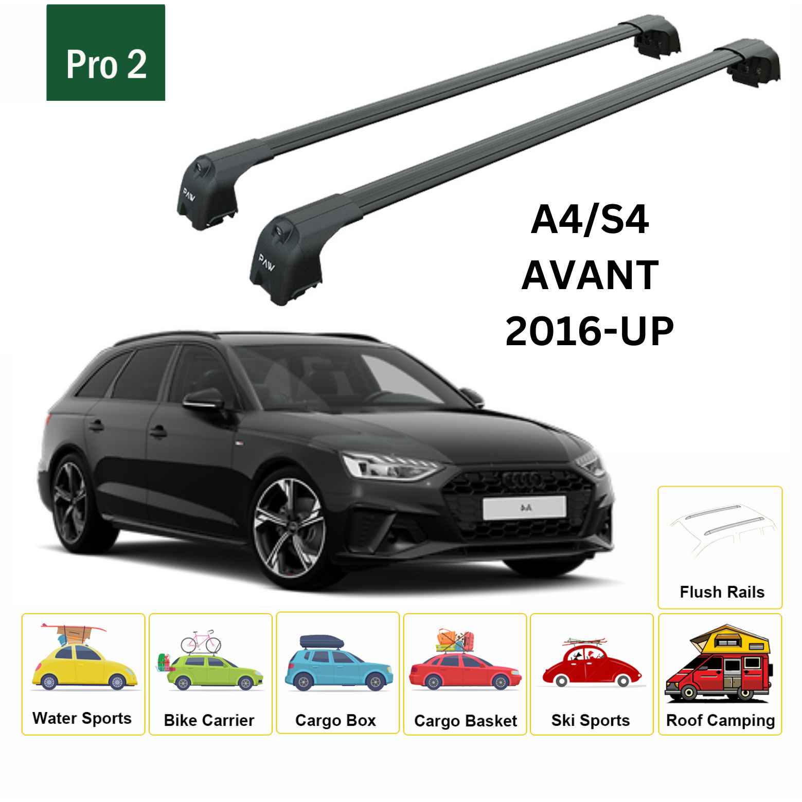 For Audi A4/S4/RS4 Avant 2016-Up Roof Rack Cross Bars Flush Rail Alu Black - 0