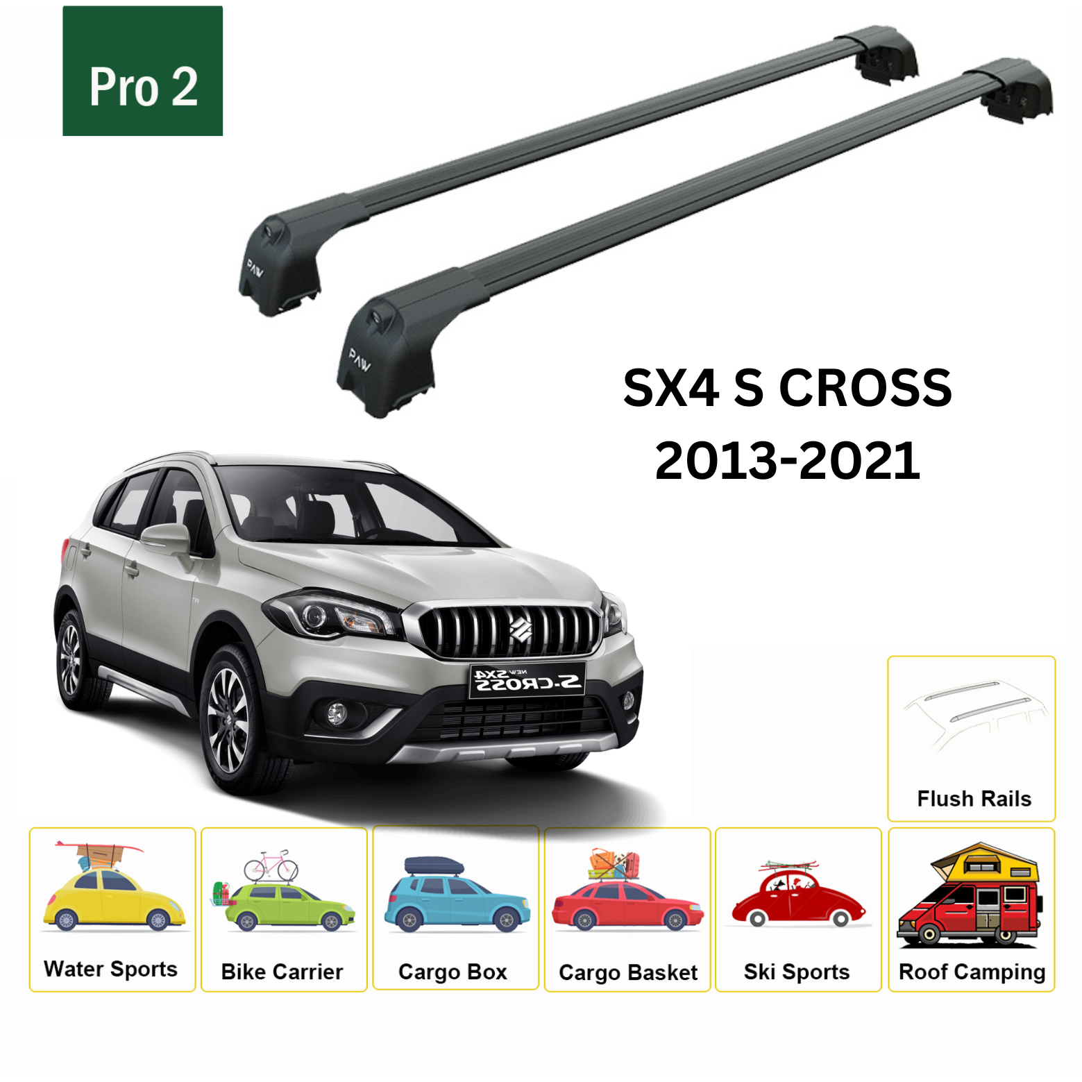 For Suzuki SX4 S Cross 2013-21 Roof Rack Cross Bars Metal Bracket Flush Rail Alu Black - 0