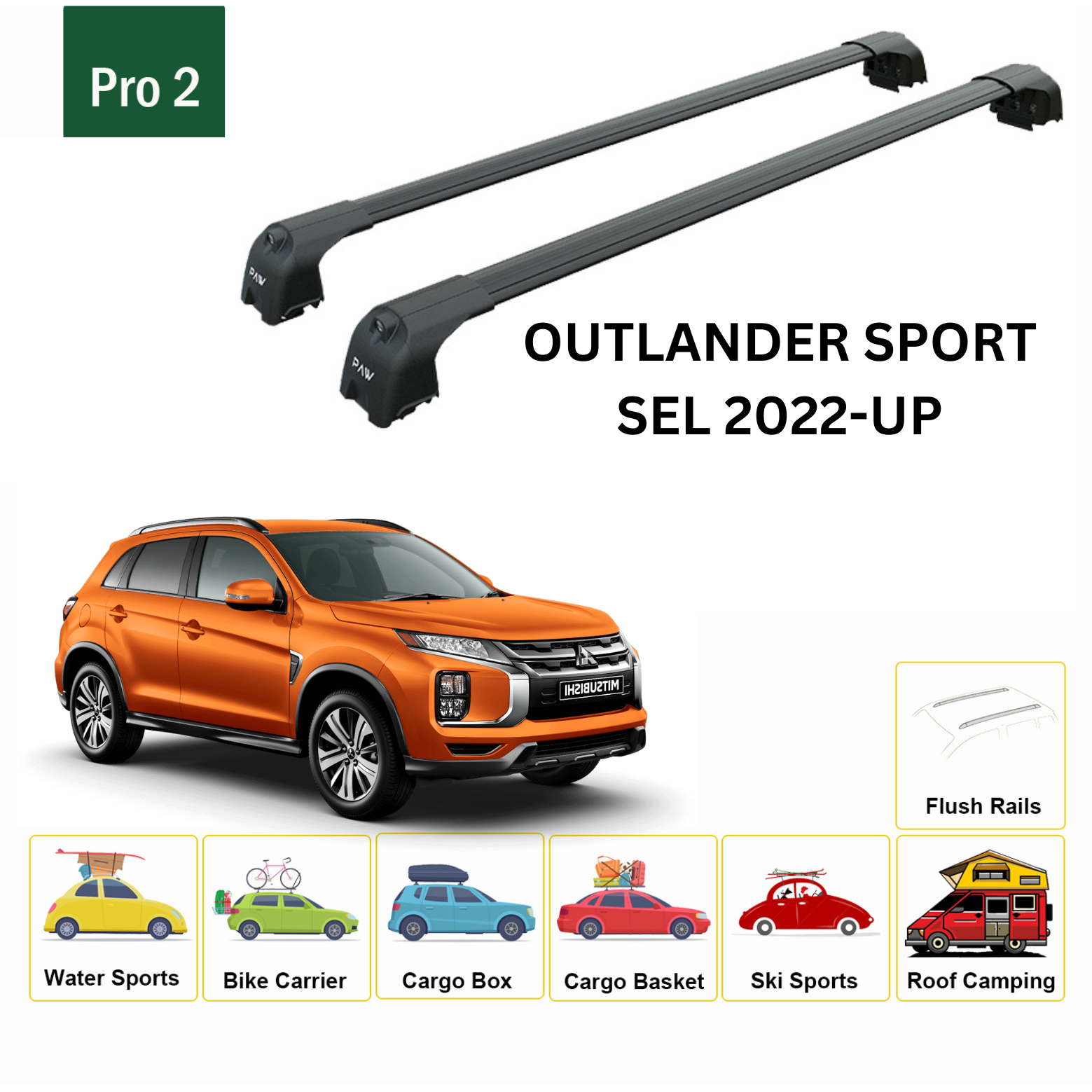 For Mitsubishi Outlander Sport 2022-Up Roof Rack Cross Bars Flush Rail Alu Black - 0