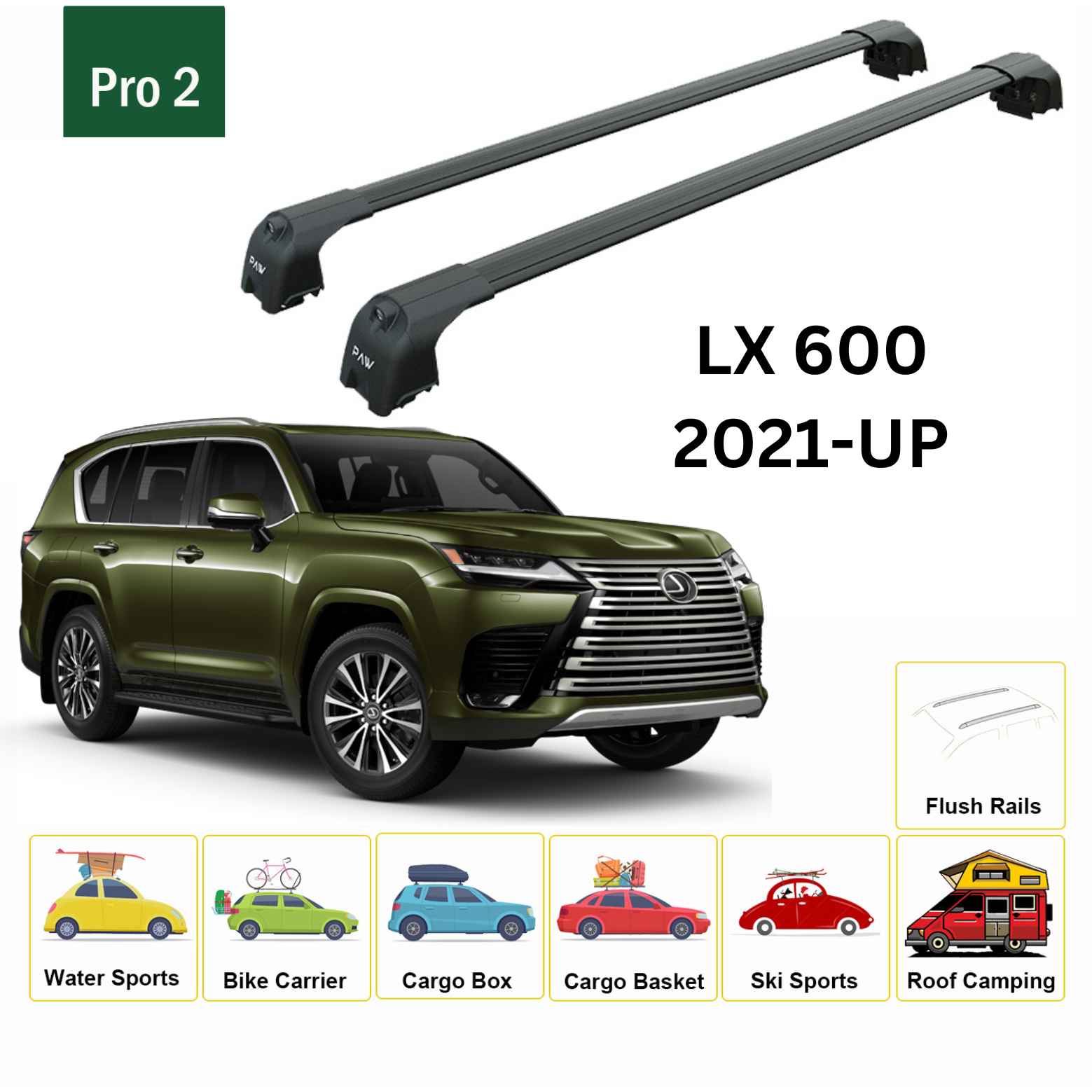 For Lexus LX 600 2021-Up Roof Rack Cross Bars Flush Rail Alu Black