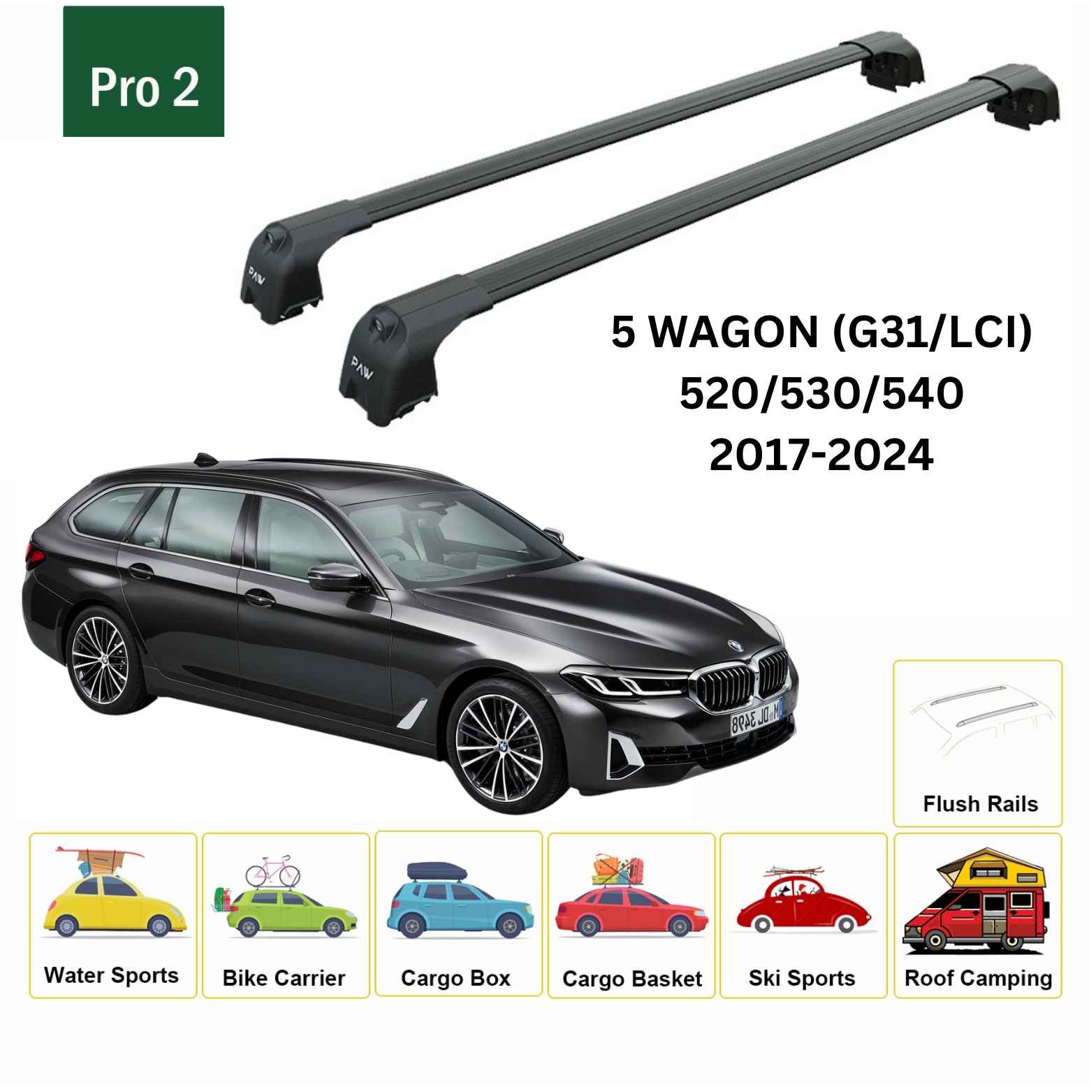 For BMW 5 Wagon (G31/LCI) 2017-24 Roof Rack Cross Bars Flush Rail Alu Black - 0