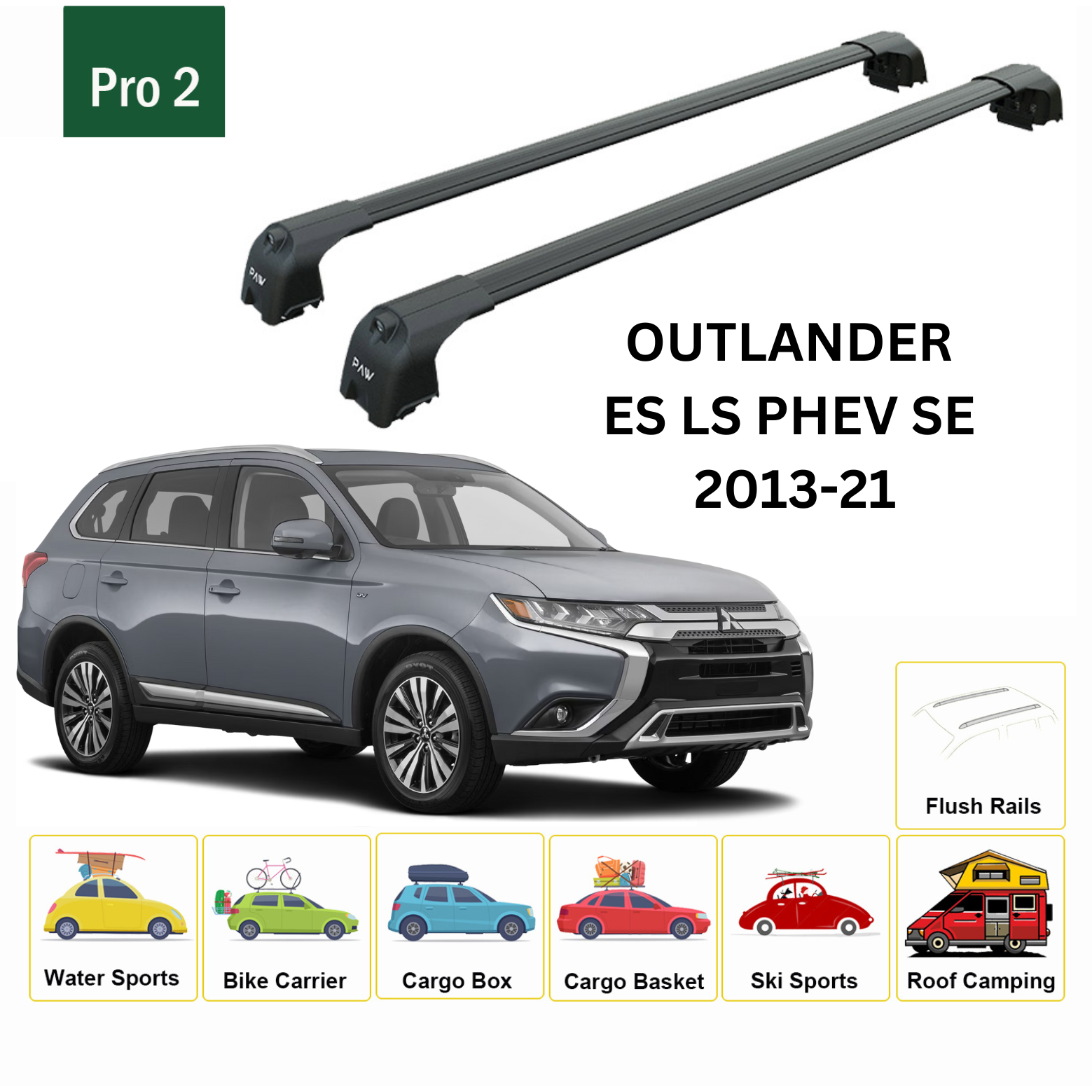 For Mitsubishi Outlander 2013-21 ES LS PHEV SE Roof Rack Cross Bars Metal Bracket Flush Rail Black