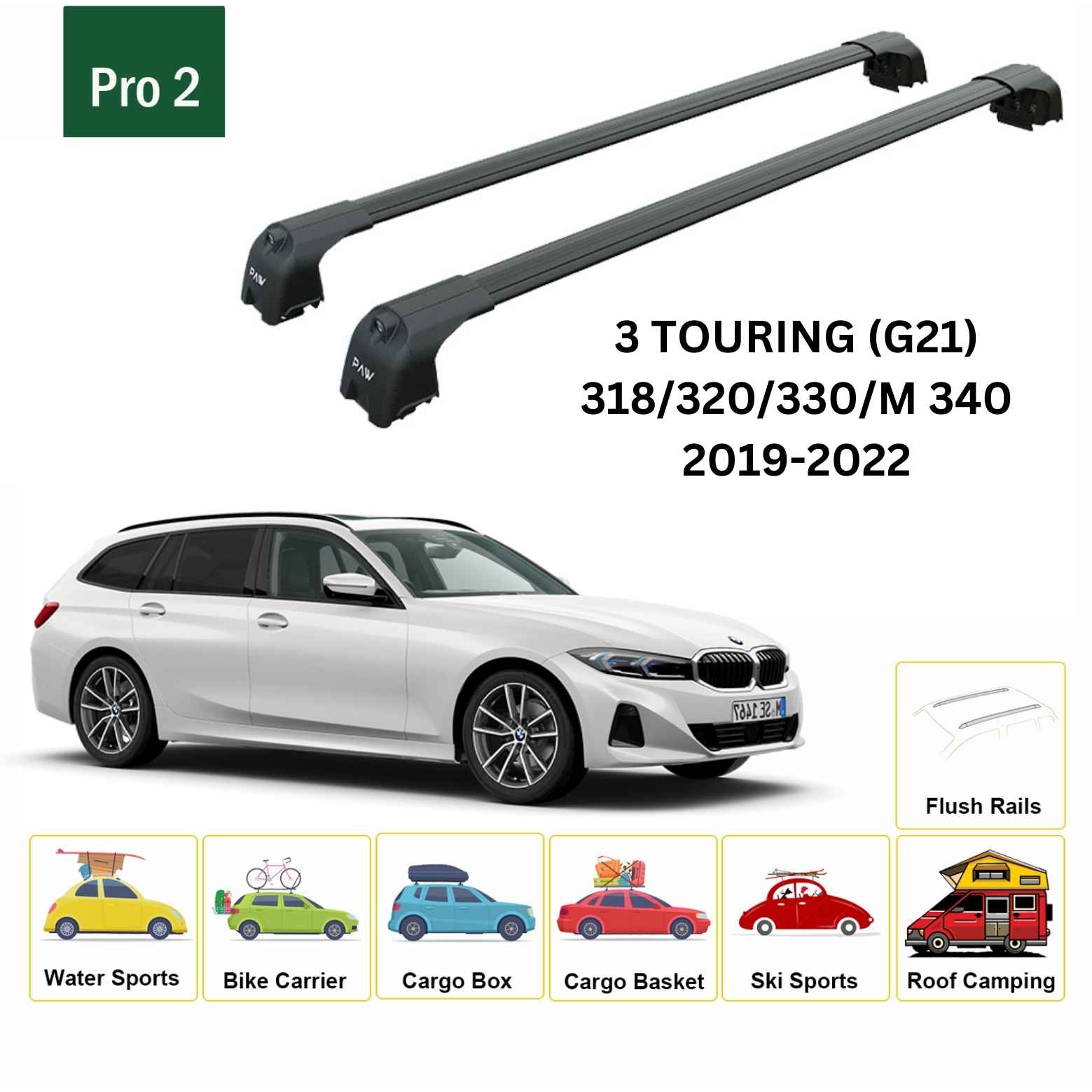For BMW 3 Touring (G21) 2019-22 Roof Rack Cross Bars Flush Rail Alu Black
