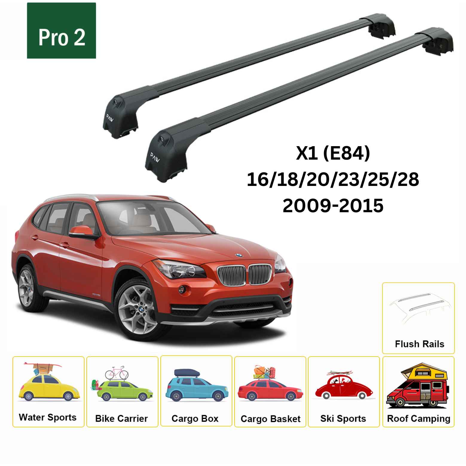 Für Bmw X1 E84 2009–2015 Dachträgersystem, Aluminium-Querstange, Metallhalterung, bündige Schienen, schwarz