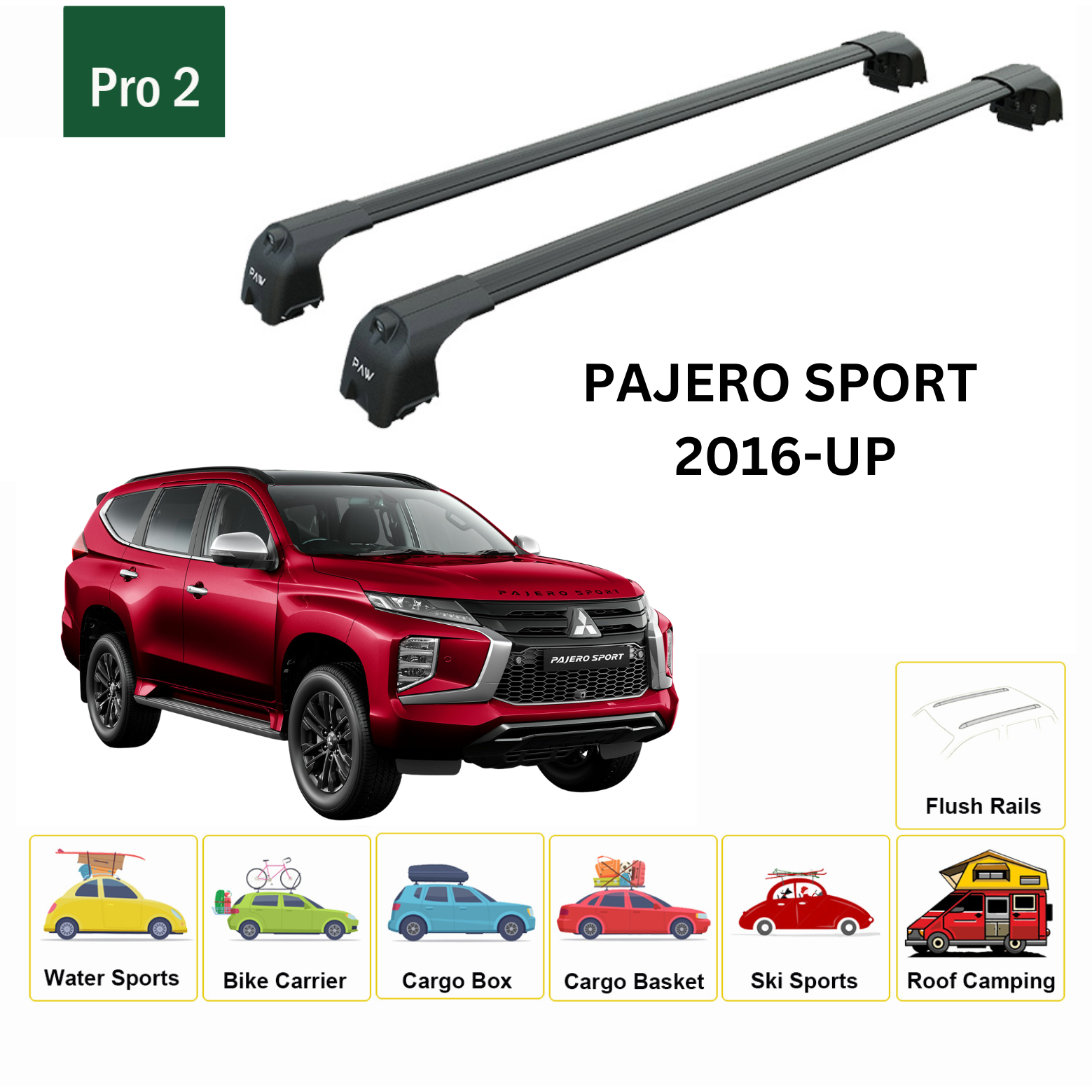 For Mitsubishi Pajero Sport 2016-Up Roof Rack Cross Bars Flush Rail Black
