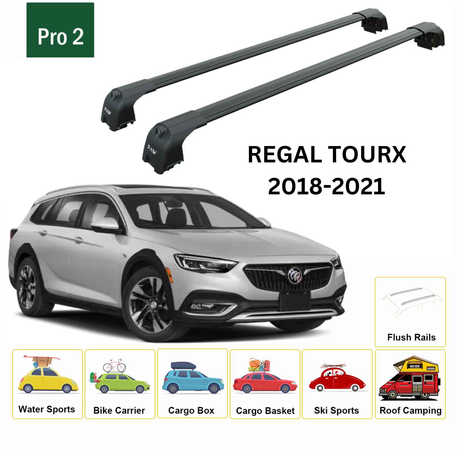 For Buick Regal TourX 2018-21 Roof Rack Cross Bars Flush Rails Alu Black - 0