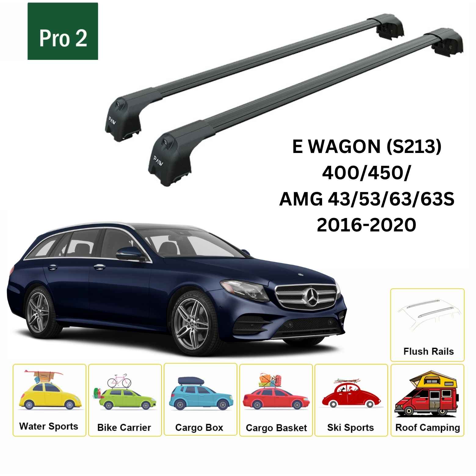 For Mercedes E Wagon S213 2016-2020 Roof Rack Cross Bars Flush Rail Alu Black-2