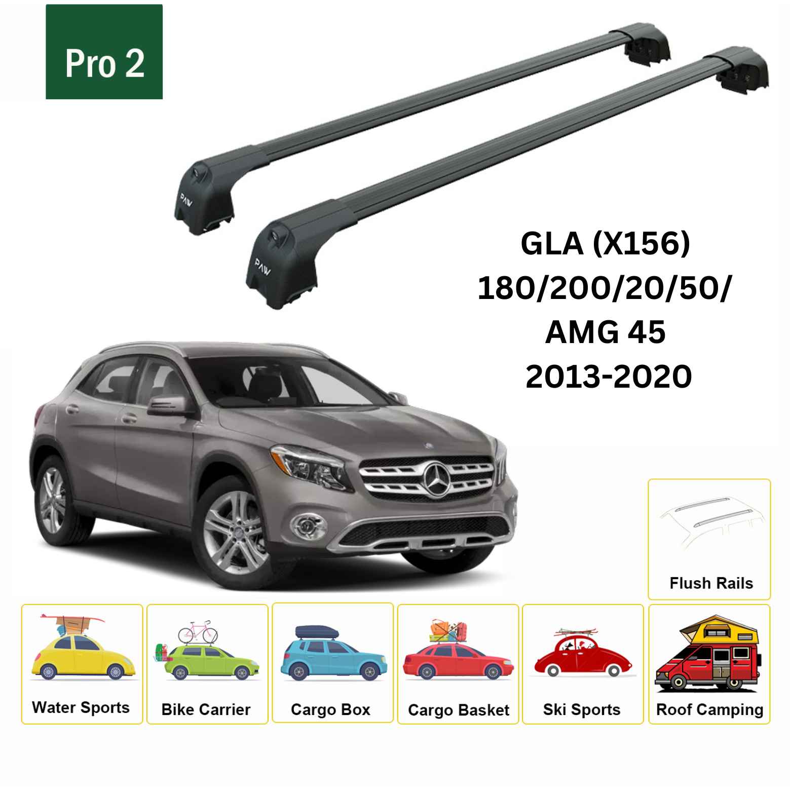 For Mercedes GLA (X156) 2013-20 Roof Rack Cross Bars Flush Rail Alu Black - 0