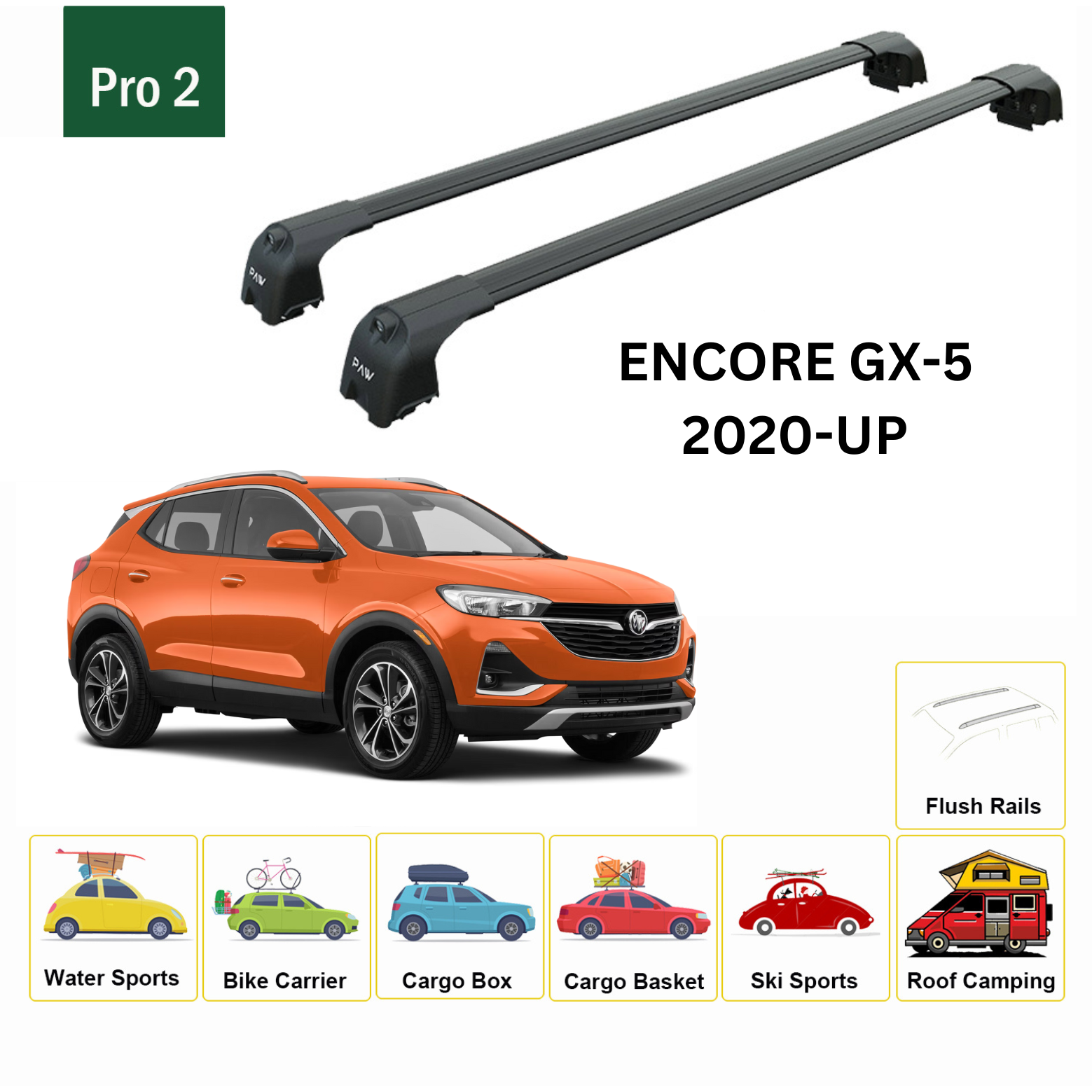 For Buick Encore (GX-5) 2020-Up Roof Rack Cross Bars Flush Rails Alu Black - 0