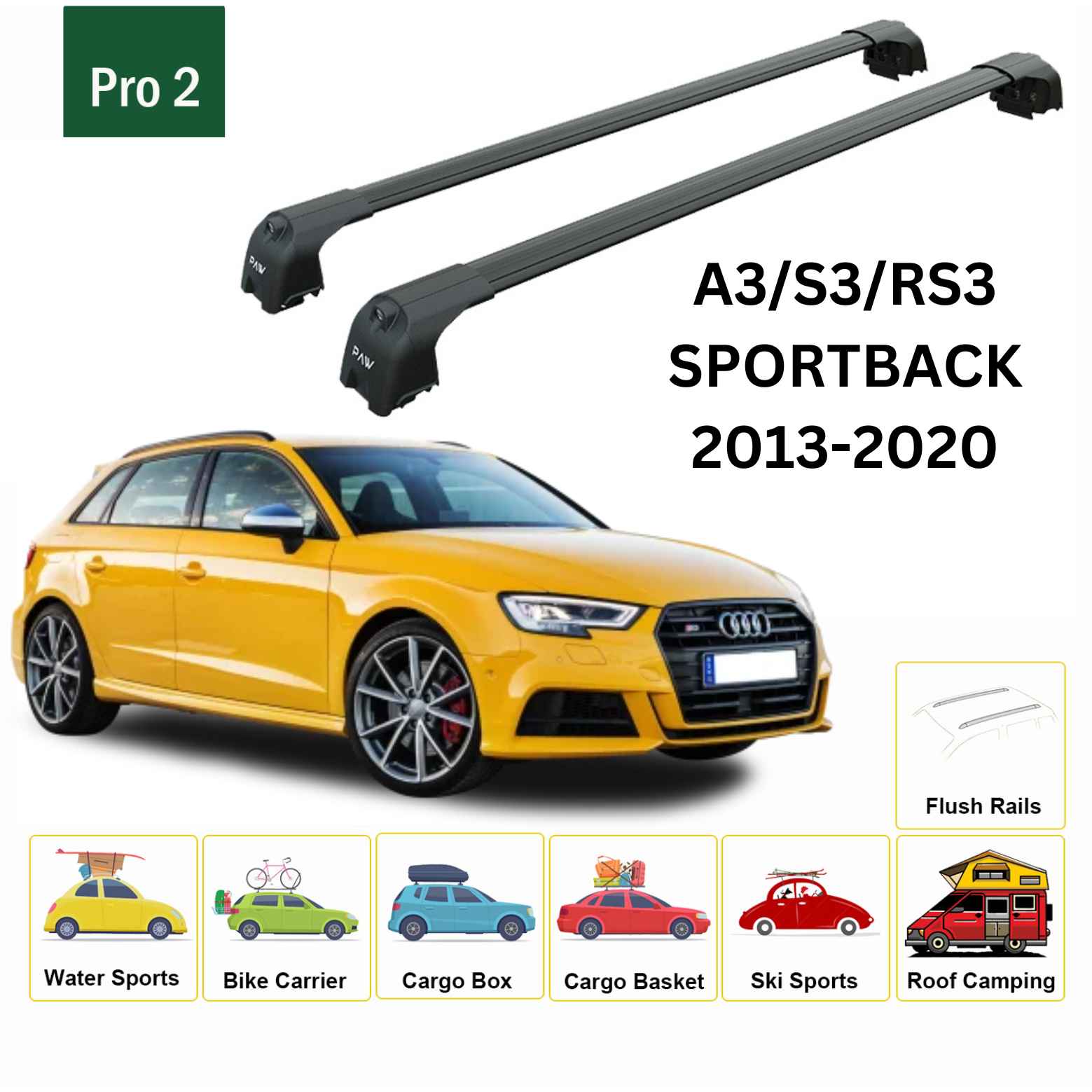 For Audi A3/S3/RS3 Sportback 2013-20 Roof Rack Cross Bars Flush Rail Alu Black