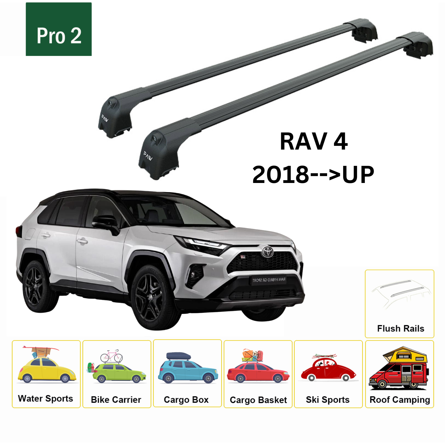 For Toyota Rav 4 2018-Up Roof Rack Cross Bars Metal Bracket Flush Rail Alu Black