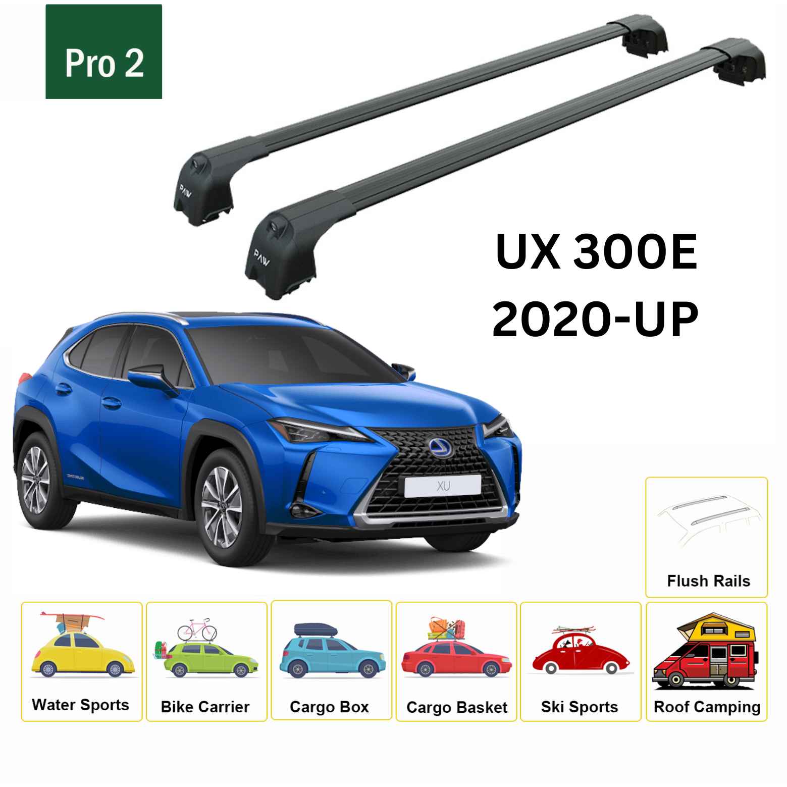 For Lexus UX 350e 2020-Up Roof Rack Cross Bars Flush Rail Alu Black