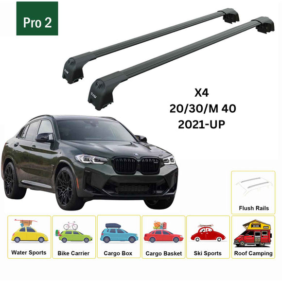 For Bmw X4 (G02) 2019-2025 Roof Rack Cross Bars Flush Rail Alu Black