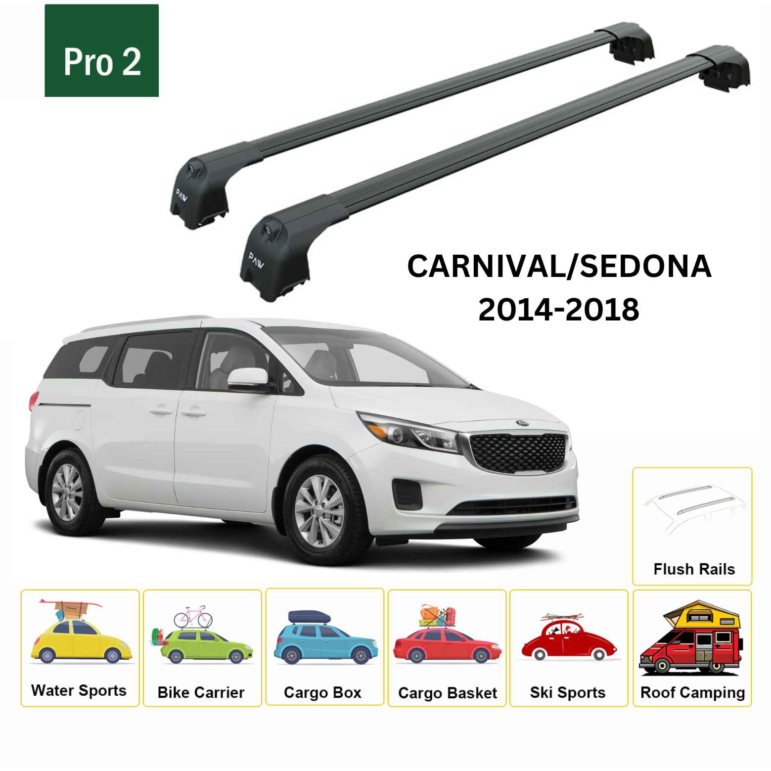 For KIA Carnival/Sedona 2014-18 Roof Rack Cross Bars Flush Rail Alu Black - 0
