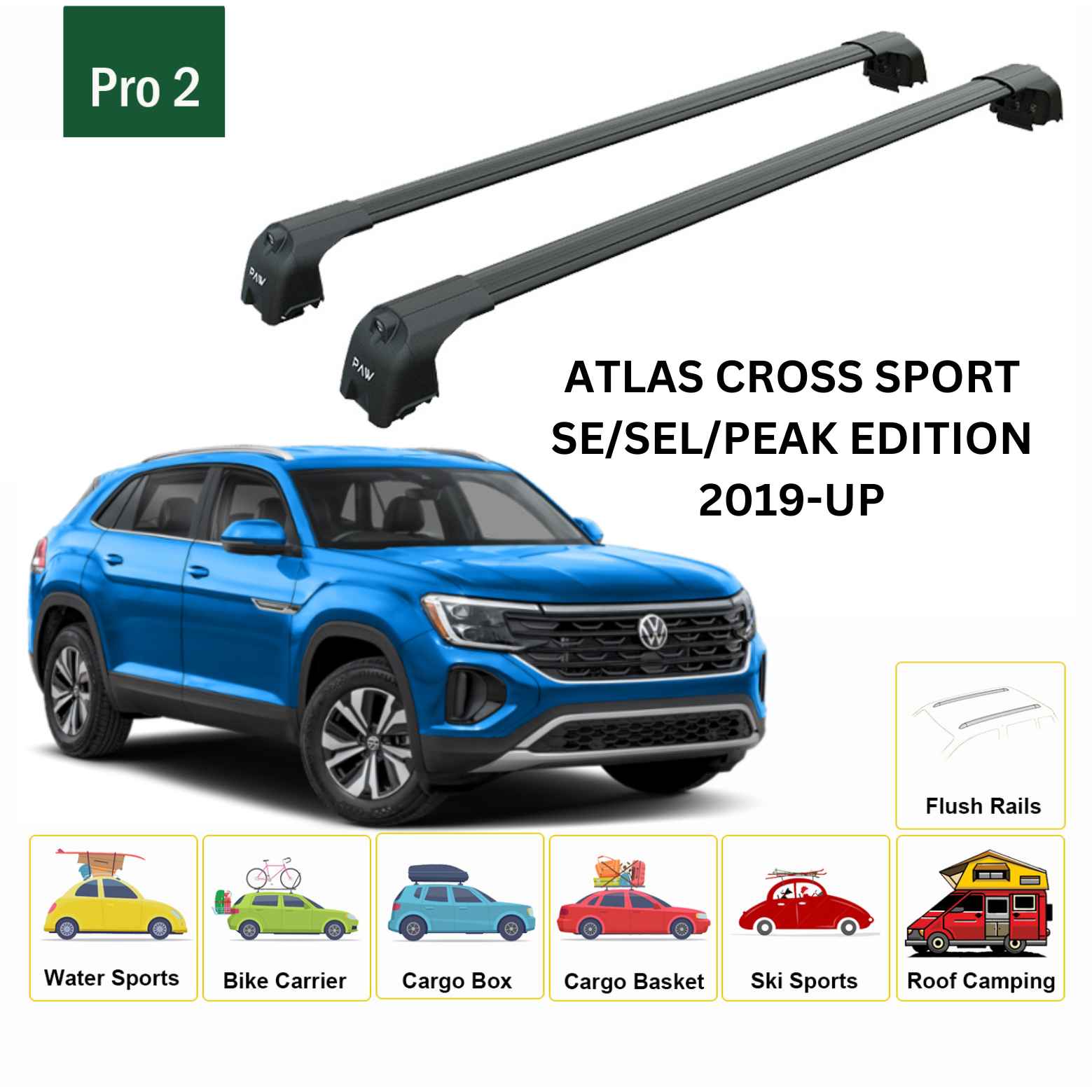 For Volkswagen Atlas CrossSport 2019-Up Roof Rack Cross Bar Flush Rail Alu Black - 0