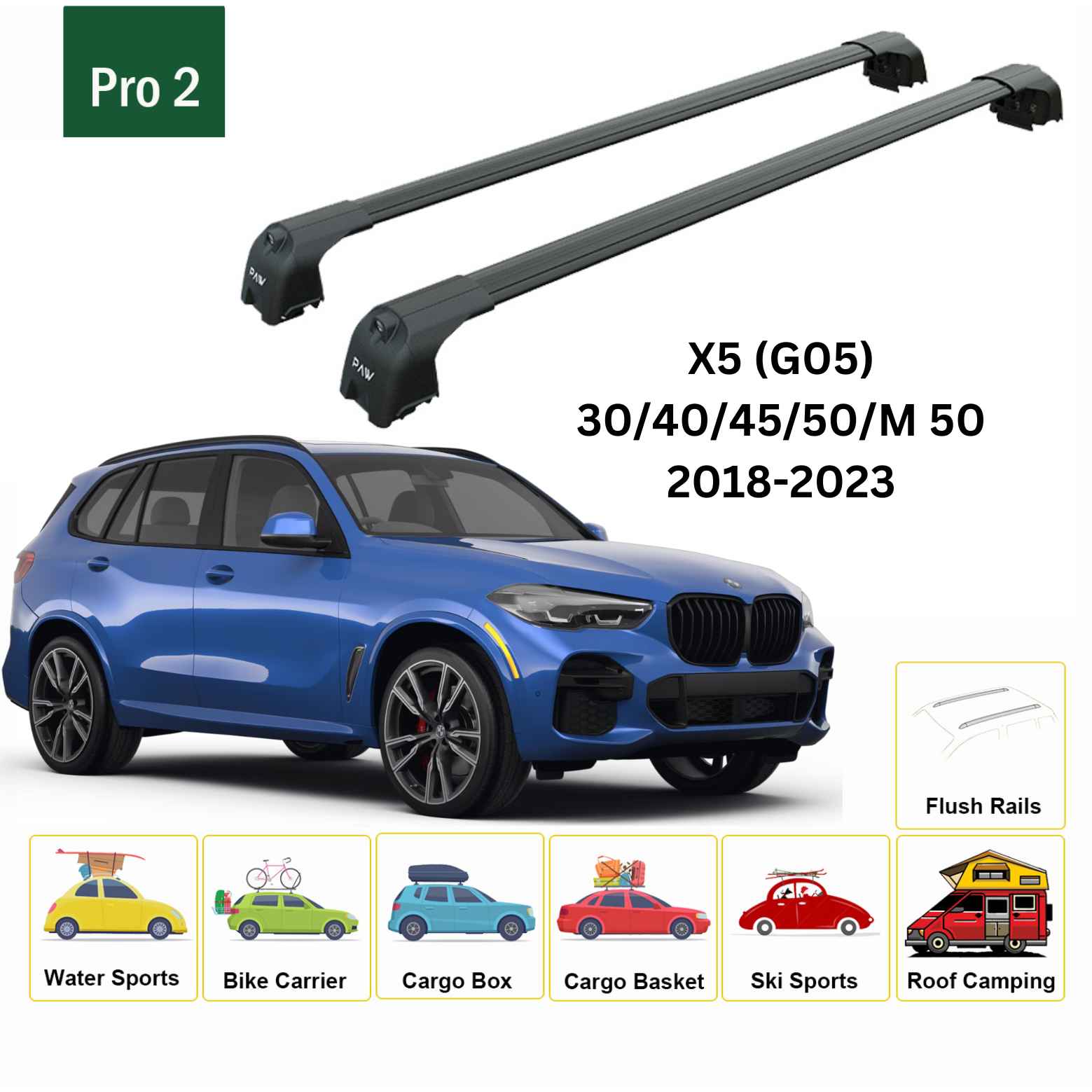 For BMW X5 (G05) 2018-23 Roof Rack Cross Bars Flush Rails Alu Black